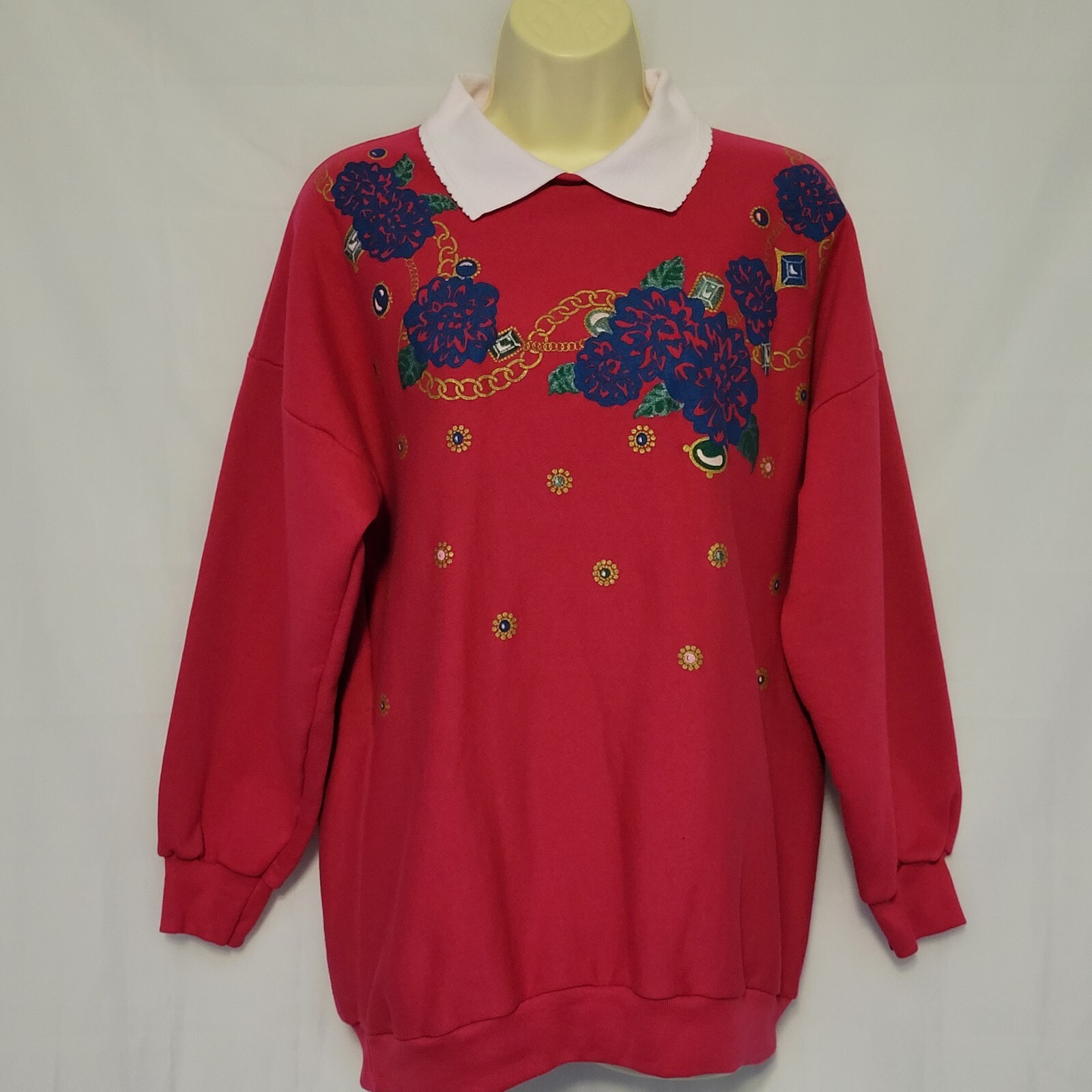 VTG 90s Sloppy Joes Wmn’s Fushia Jewel Floral Motif Collared Sweatshirt Sz M