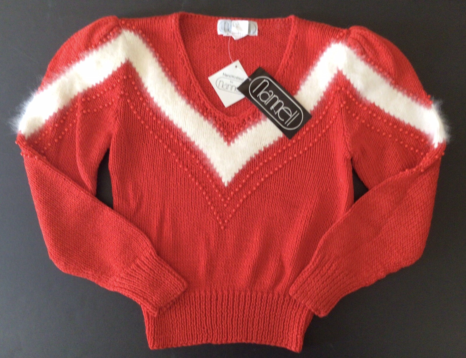 Vtg 80’s NWT Nannell Beaded Sweater Red Puff Sleeve Hand Knit Rayon Angora S
