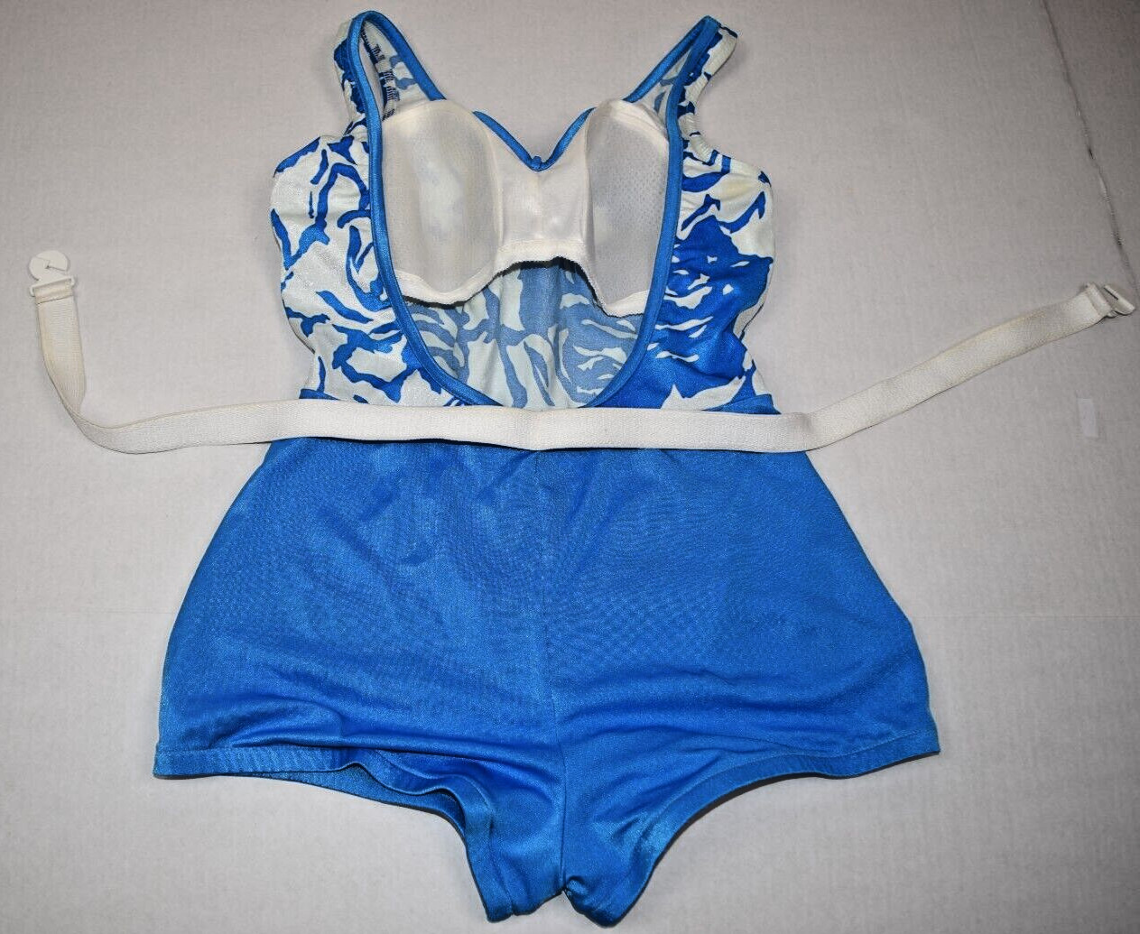 Vintage Swimsuit 2 Tone Electric Blue White Size 16 S/M 70s Internal Bra & Belt