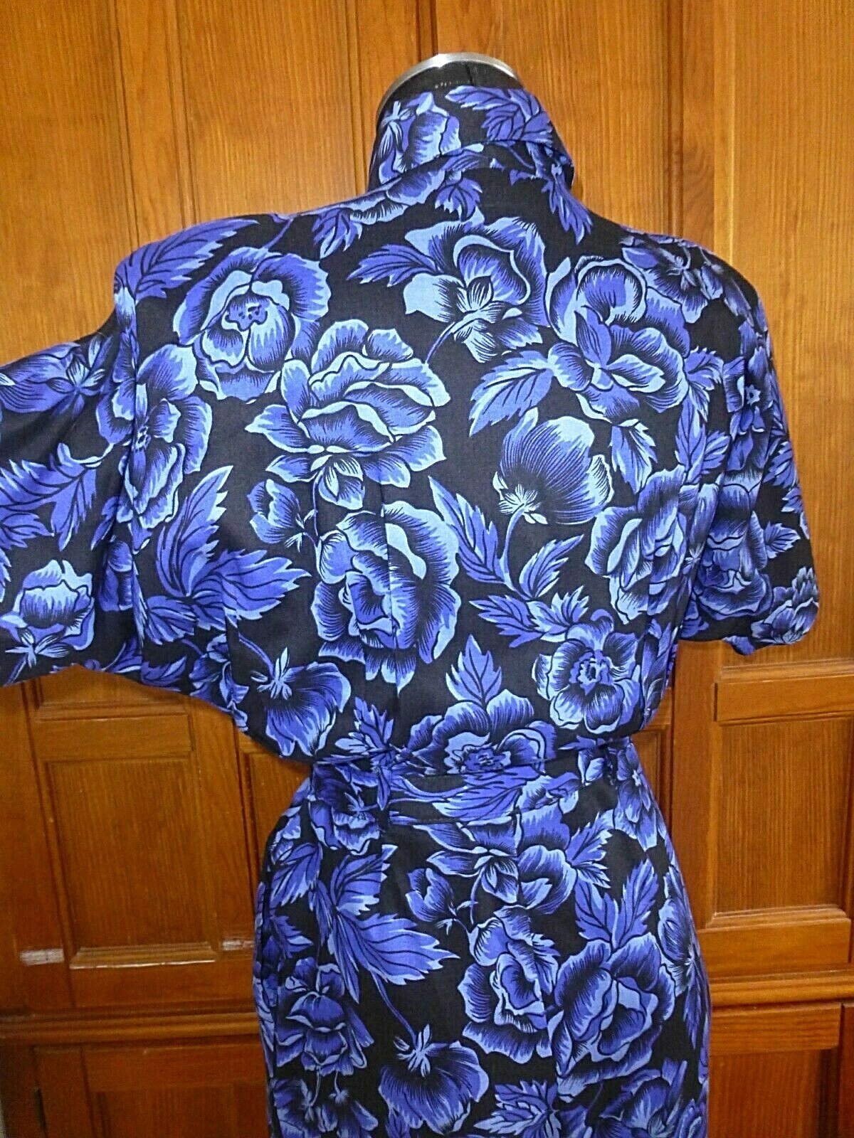 VTG 80s Midnight Floral Garden Print Dolman Slv midi BoHo Belted DRESS pockets