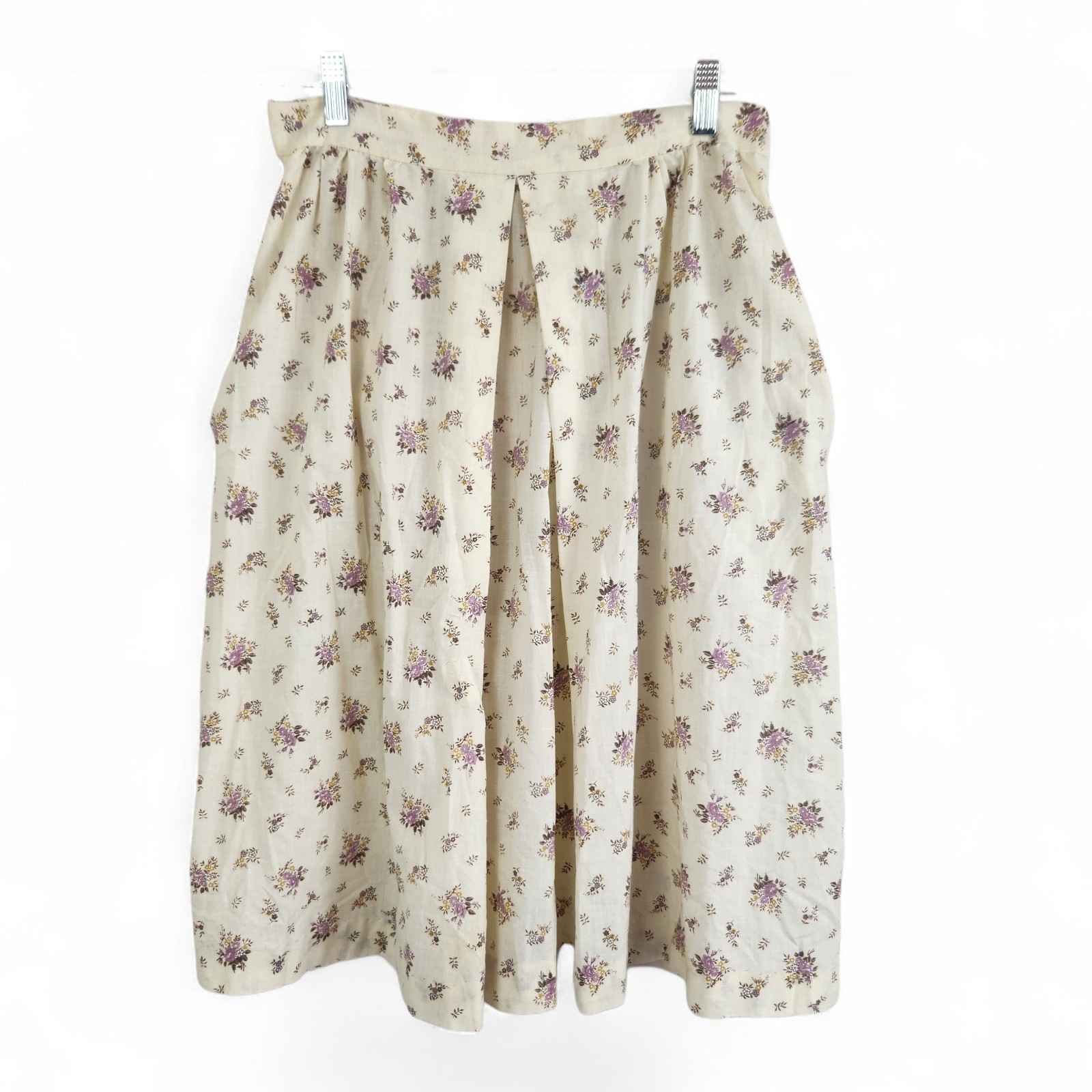 70s Vtg Handmade Cream & Purple Floral Pleated Midi Skirt Medium Pockets Cottag