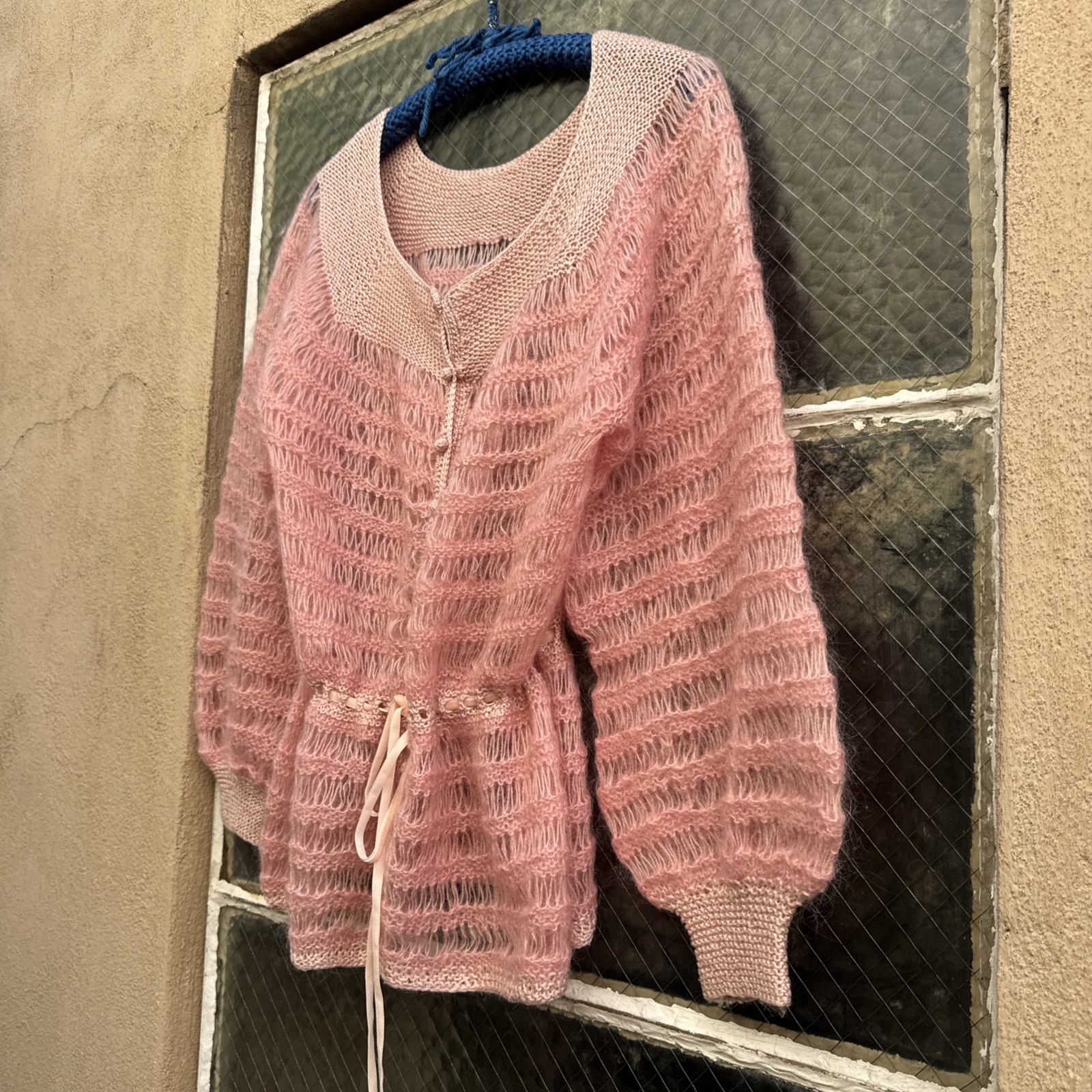 Vintage 1930s Pink Mohair Knit Wool Sweater Cardigan Balloon Sleeves Dress Top
