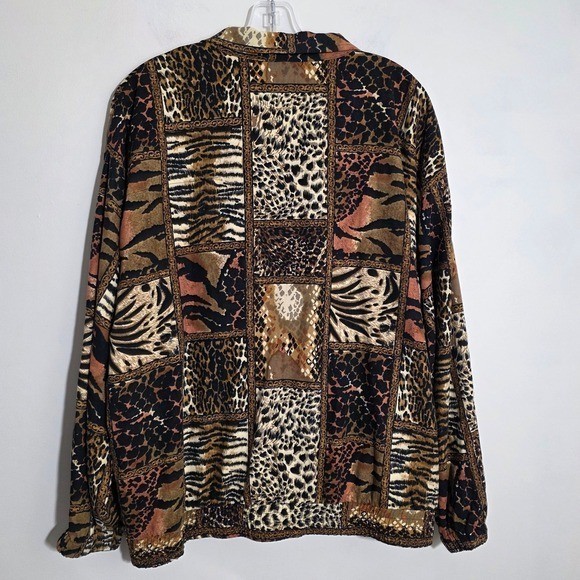 Erin London Vtg 100% silk patchwork animal print zipper front jacket Woman sz XL