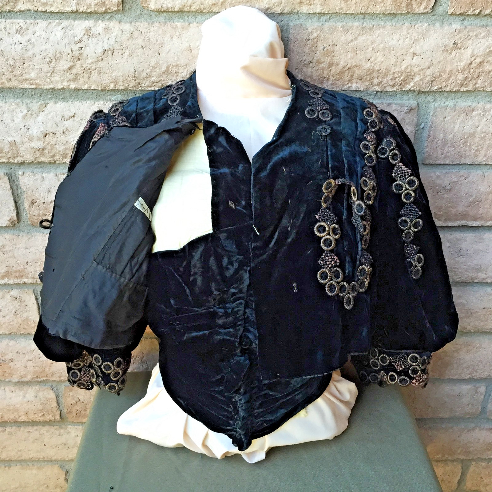 Antique 1890s Victorian Shirt Bodice Midnight Blue Applied Trim Decoration Boned