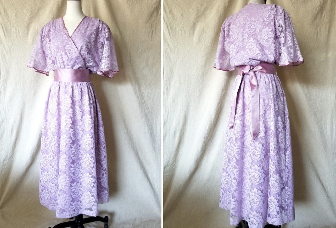 VTG 80s Halston III Lilac Purple Lace Tea Length Dress Faux Wrap Bodice & Sash