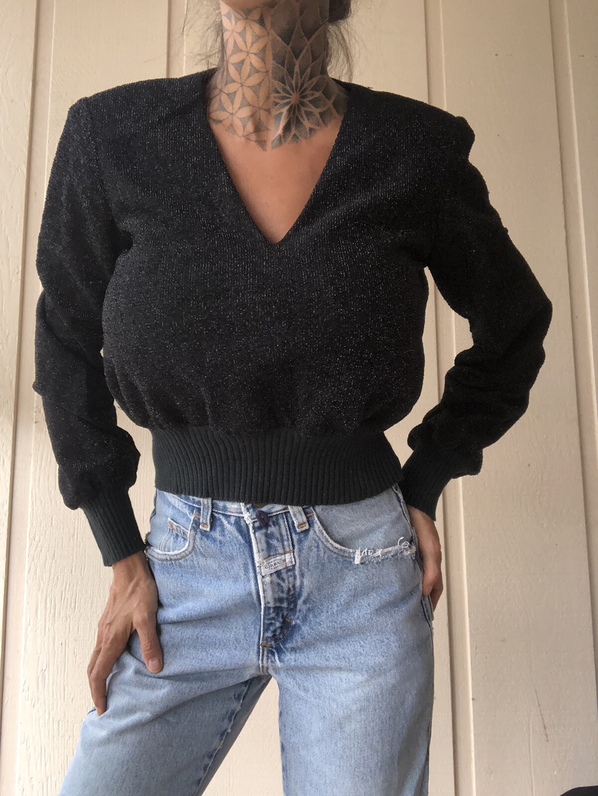 Vintage Crop Shirt N.R.1 by Ned Gould Sparkly Black V Neck