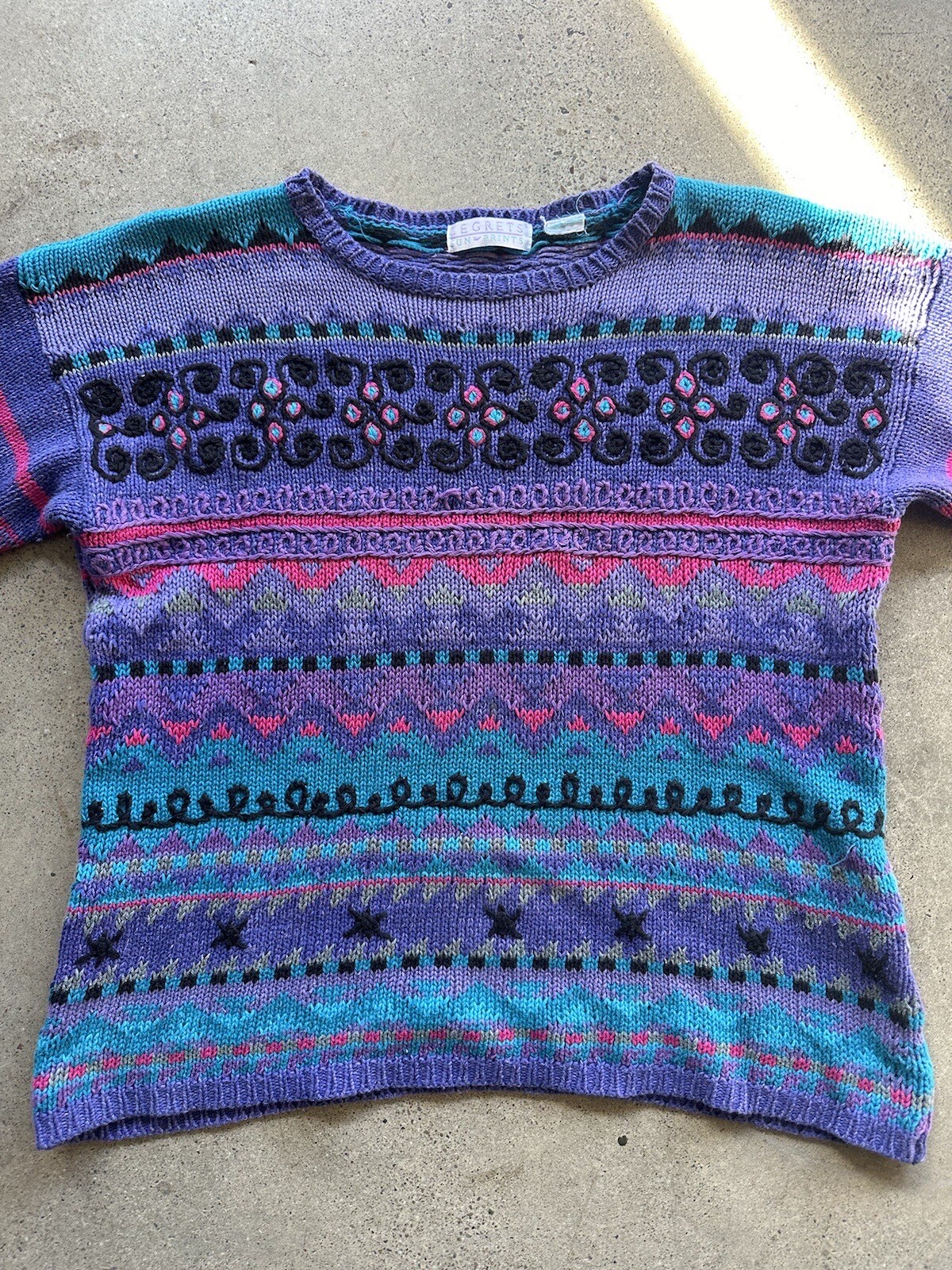 Vintage 1992 Segrets Sun Prints Purple Multicolor Embroidered Sweater Size L