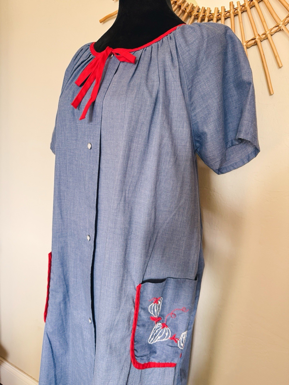 Vintage 1970s Plaza 9 Embroidered Strawberry Blue & Red Mumu Dress Size Medium