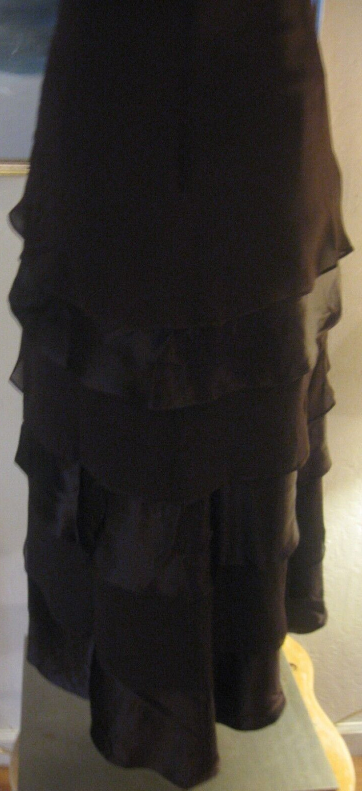Tadashi Silk Cocktail dress Mocha mermaid hem ruffles Rhinestone Brooch wispy 6