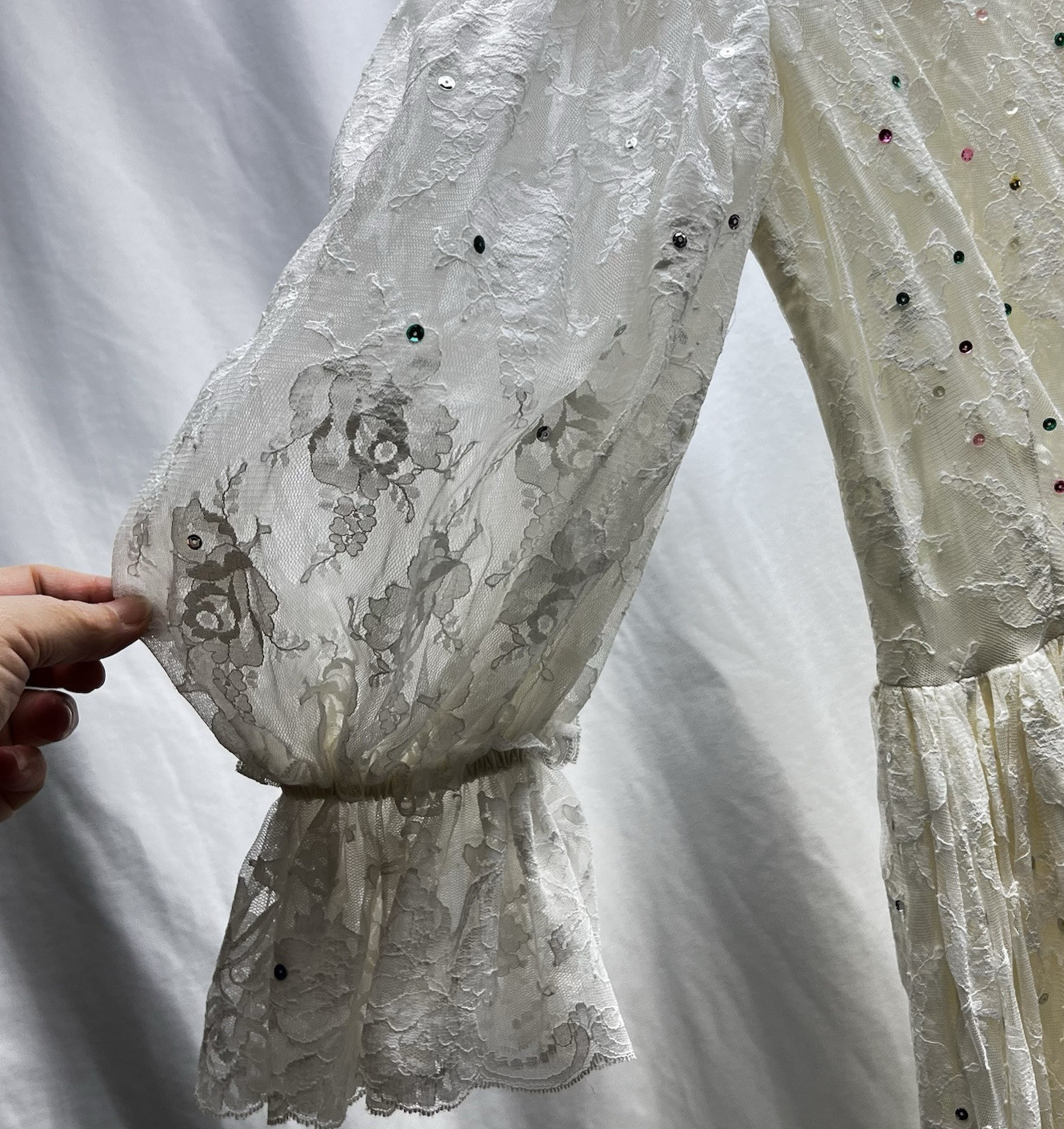 Vtg Susan Lanes Country Elegance Ivory Lace Event Dress 10 Sequin Accents 70’s