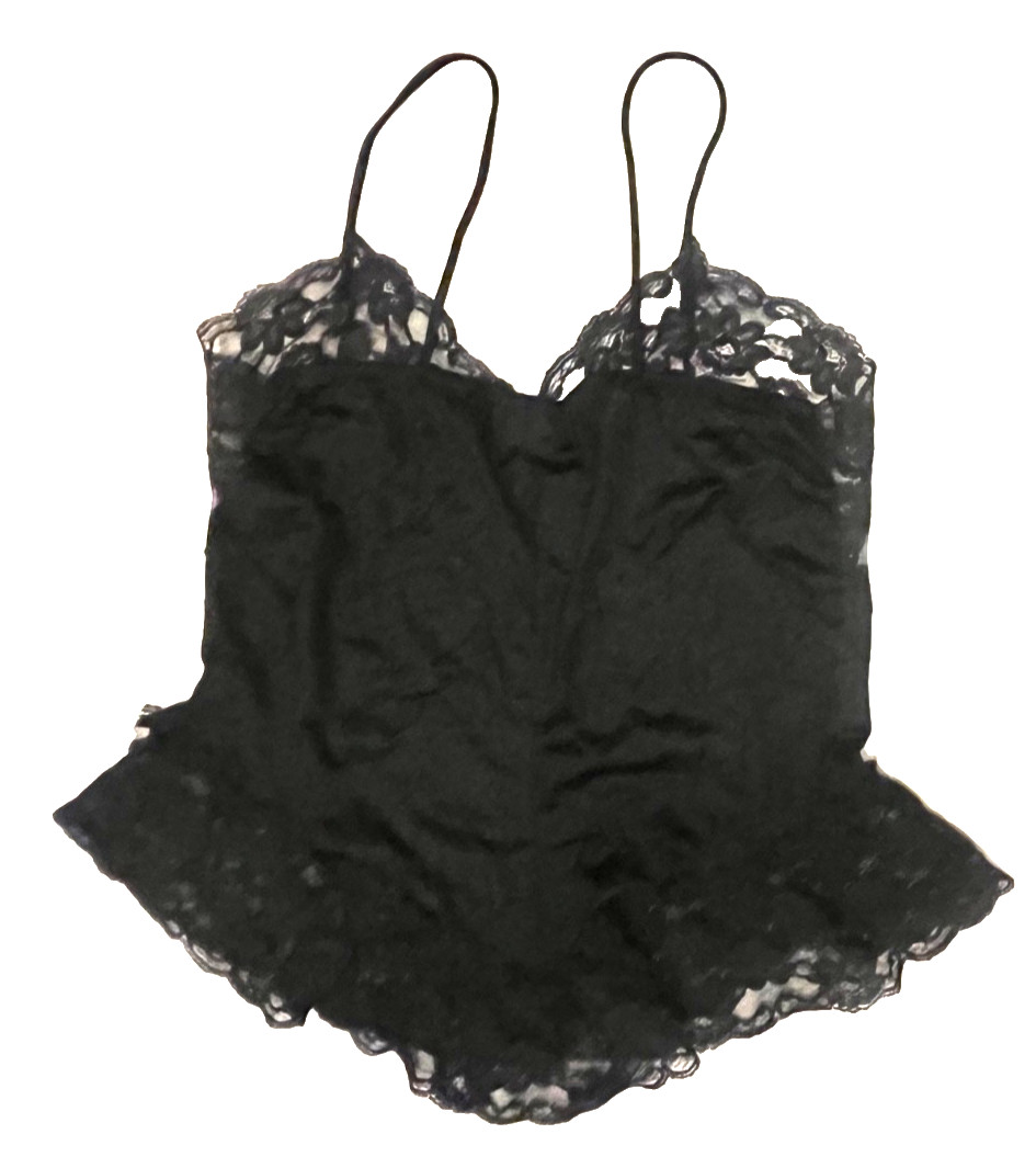 VINTAGE RIKKI NEW YORK BLACK NYLON CAMI CAMISOLE LACE TOP WOMEN SIZE MEDIUM
