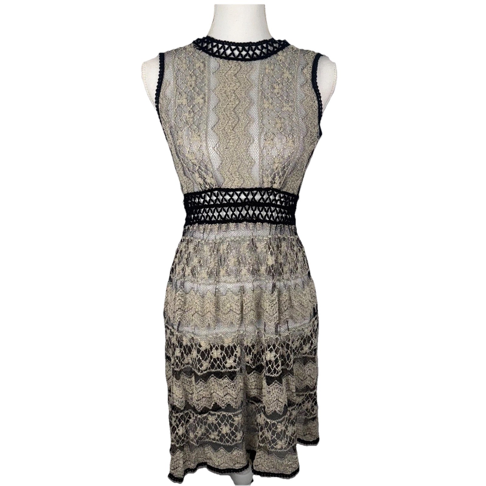 A’reve Medium Black Beige Sheer Dress Lace & Crochet Detail Boho Chic Whimsigoth