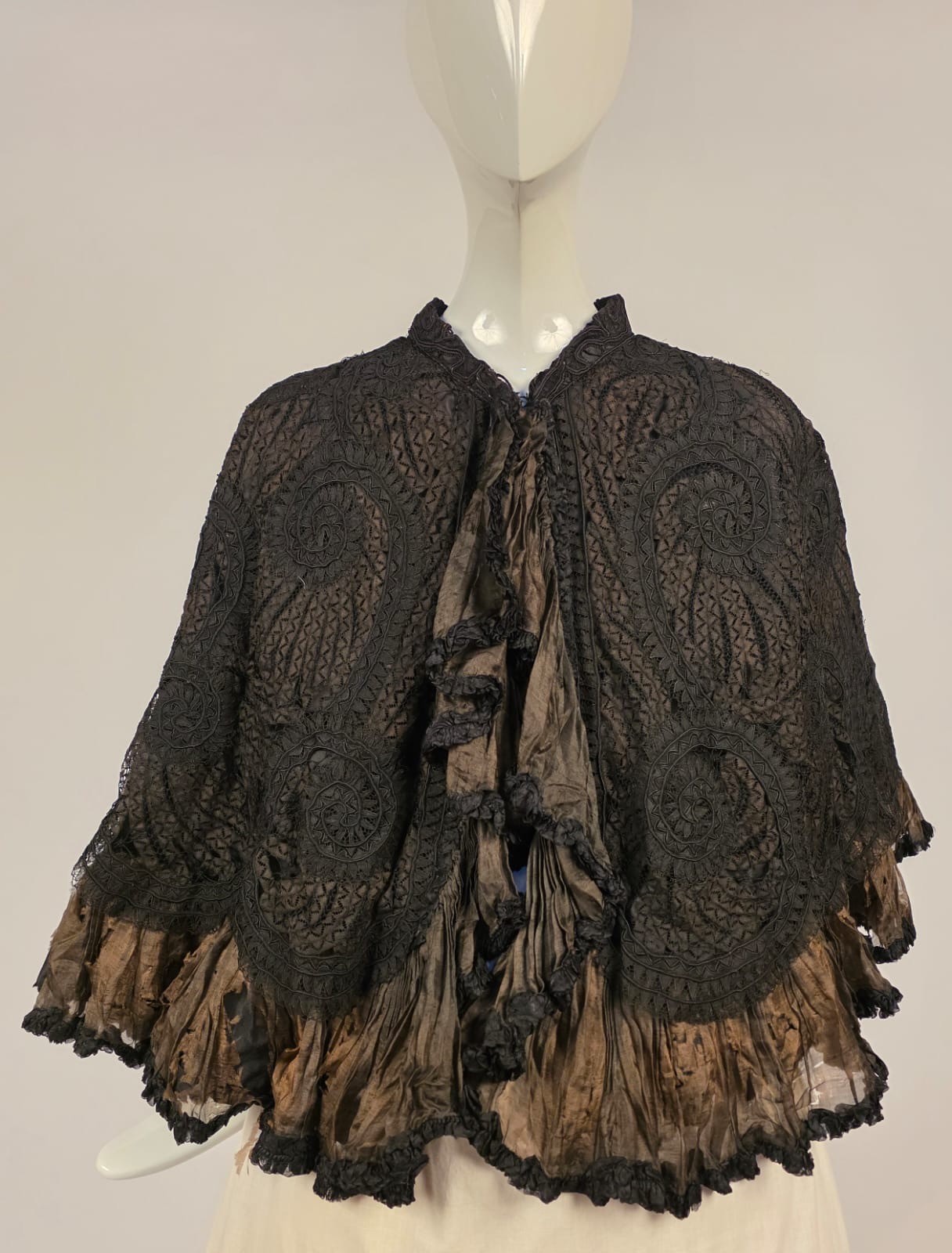 BEAUTIFUL VICTORIAN 1870’S HAND MADE TAPE LACE CAPE W SILK RUFFLES