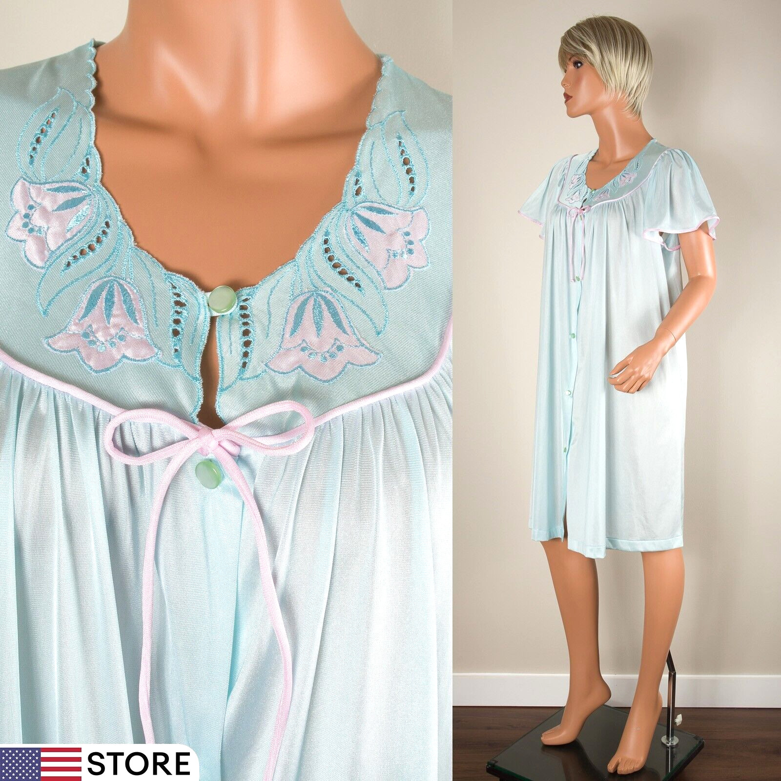 💖 GILEAD Vintage M Seafoam Nylon Robe Button Nightgown Embroidered Short Sleeve