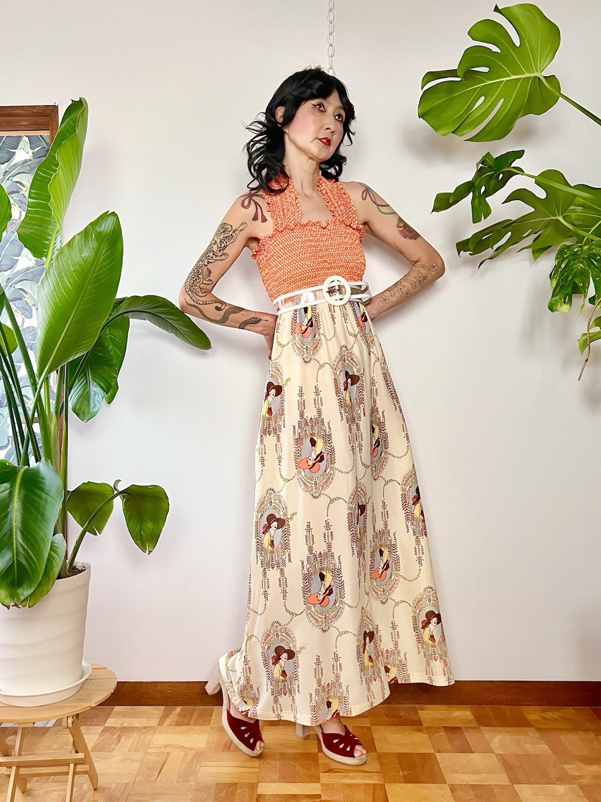 VTG 70s PBJ By Jerrell Deco Lady Portrait Print Orange Smocked Halter Maxi Dress