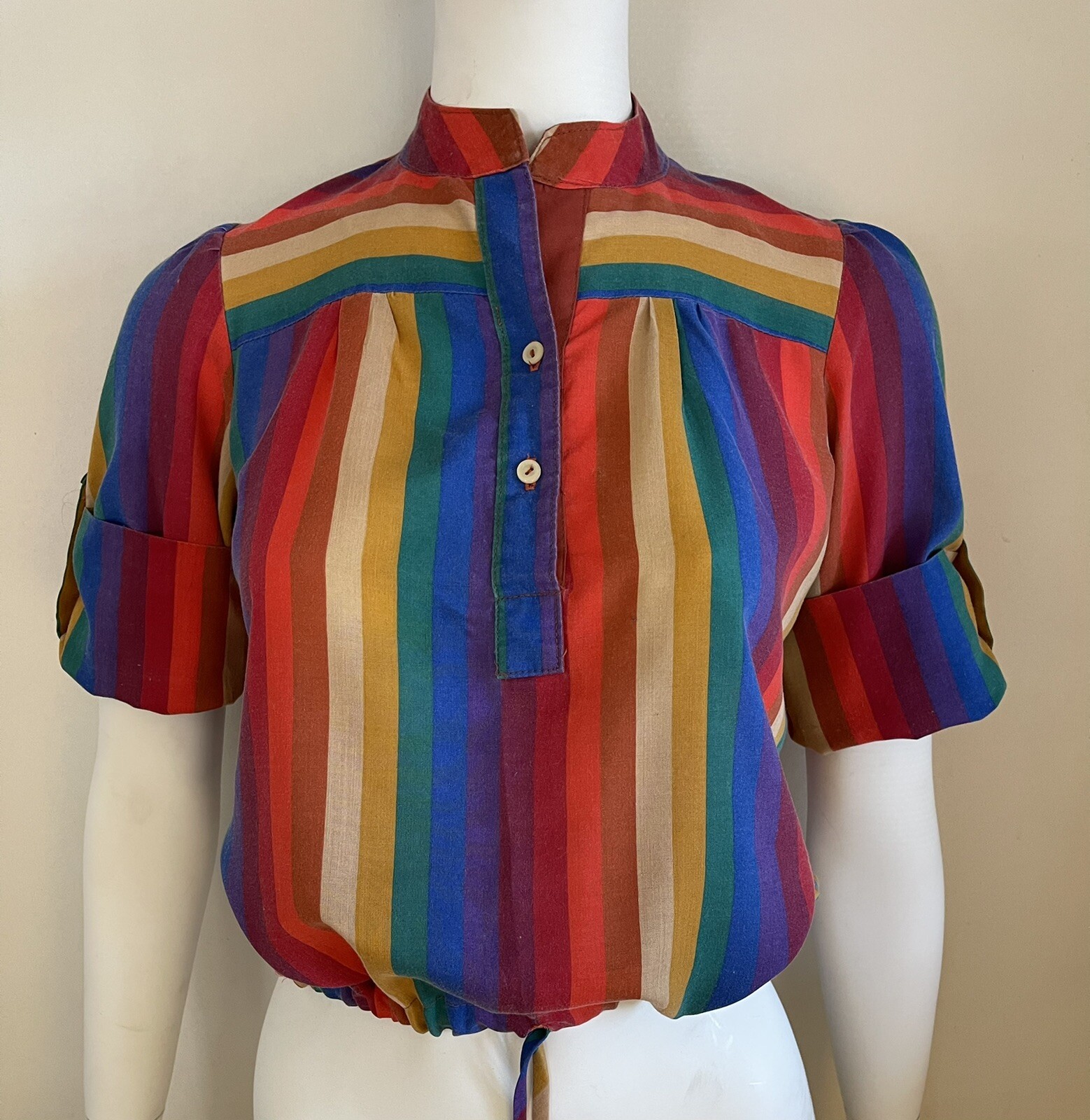 Vintage 1970s or 80s Byer California Rainbow Striped Drawstring Hem Top – Small