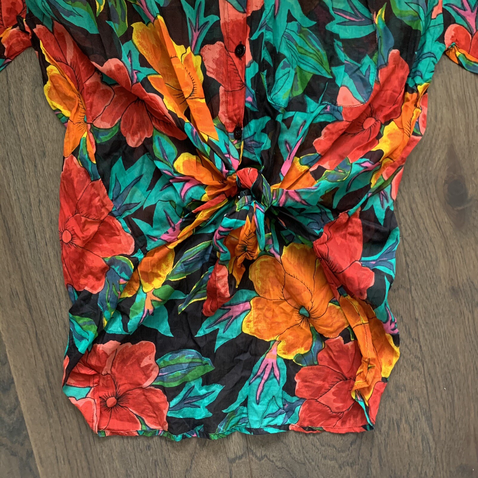 VTG 90s Bright Loud Floral Tropical Button Up Shirt Semi Sheer Blouse Womens S
