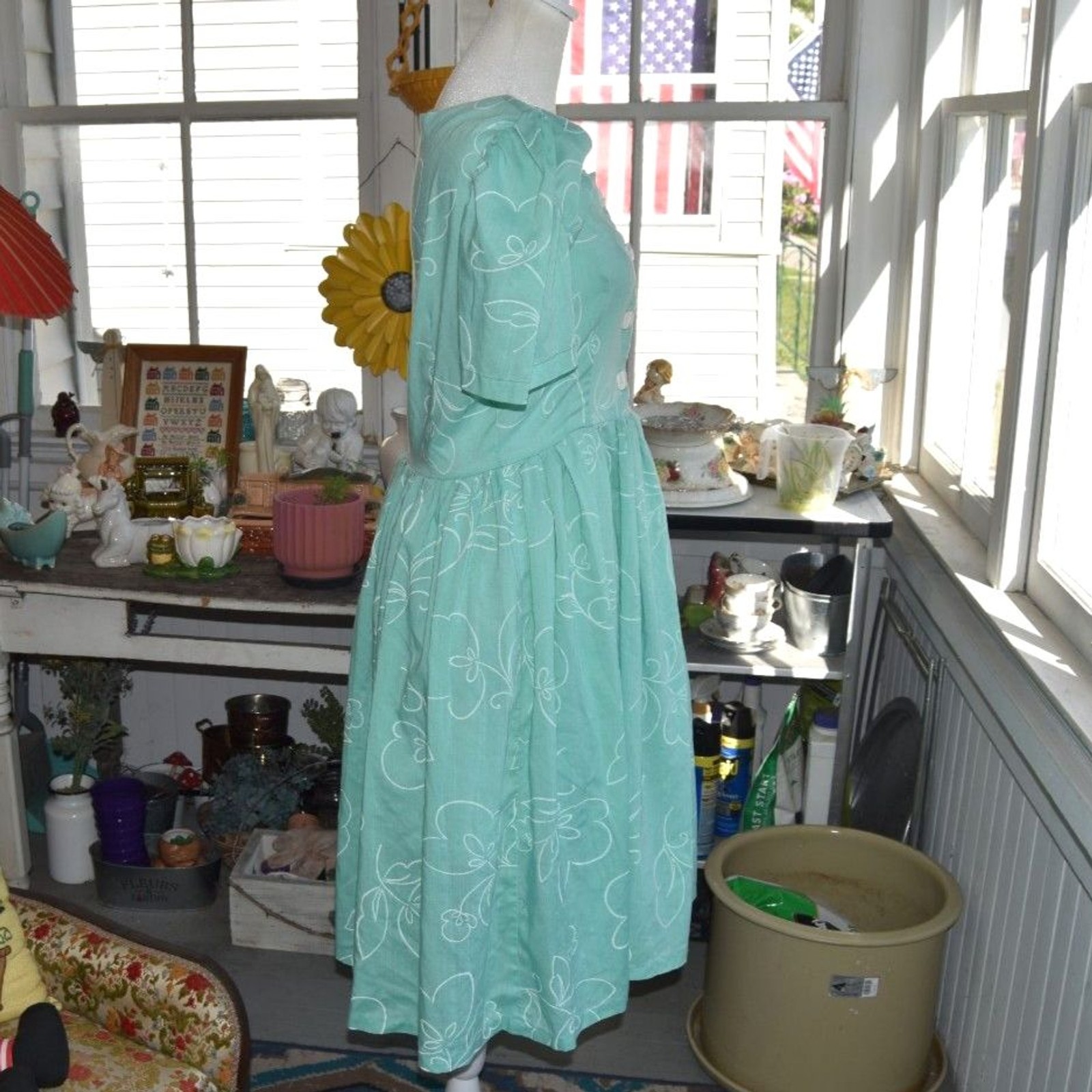Vintage 80s Mint Green Floral Dress Puff Sleeve Cottagecore Prairie M