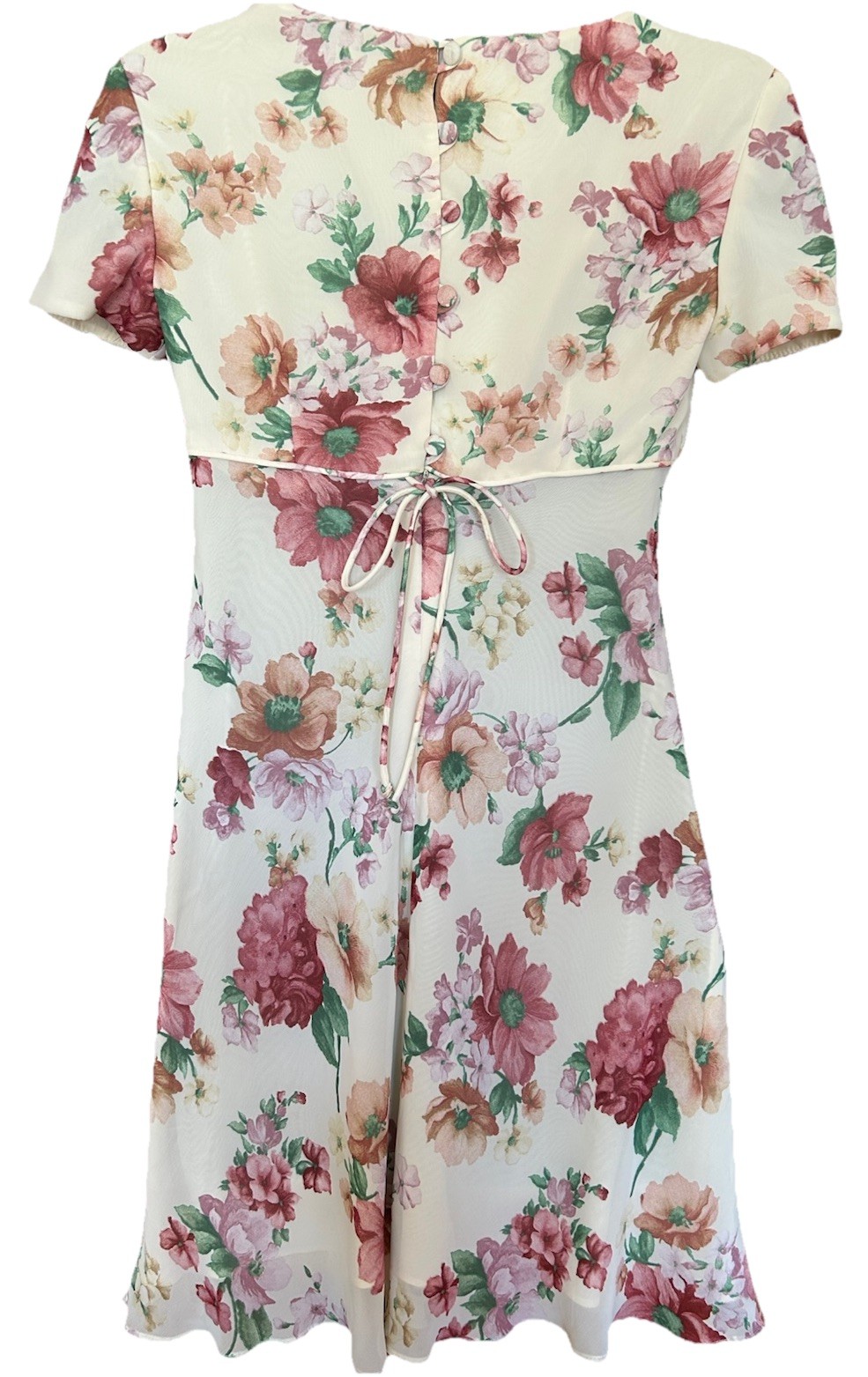VTG 90s Donna Ricco Chiffon Floral Babydoll Midi Dress 4P Tie Back Fairy Cottage