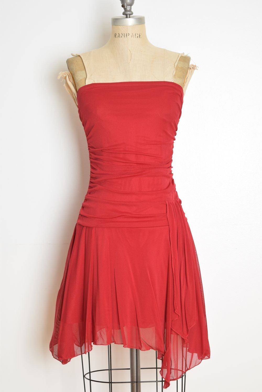 vintage Y2K party dress red mesh fairy strapless asymmetrical club Hot Kiss XS