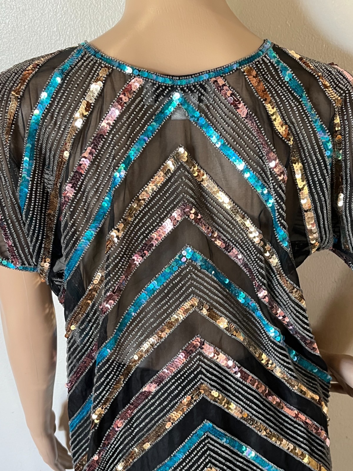 1980s Club Scene Black & Blue & Silver Sequin Silk Blouse by Argenti Size Medium