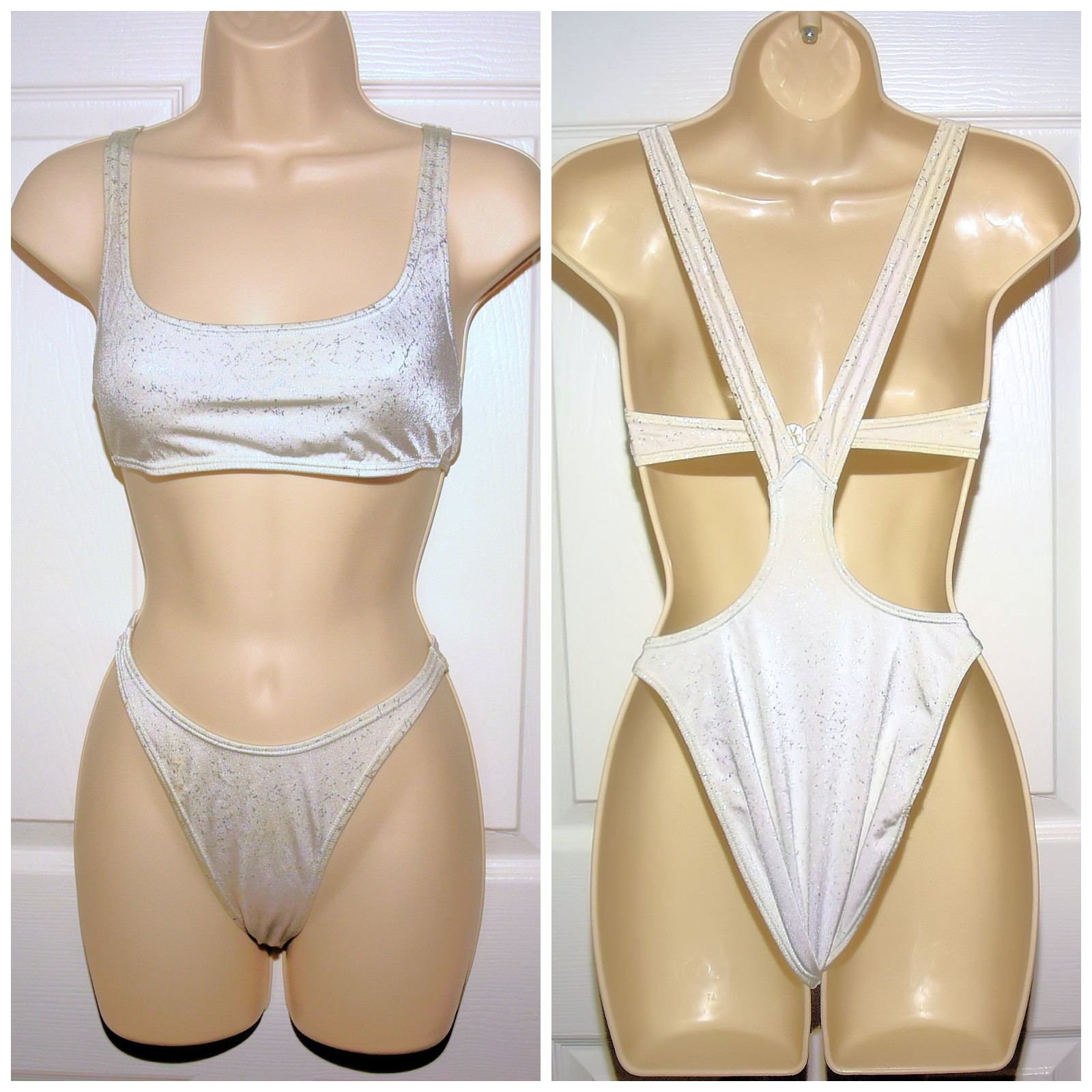 VTG 80’s 1-Piece White & Silver Swimsuit XXS from Bare Assets Lined Bikini Look