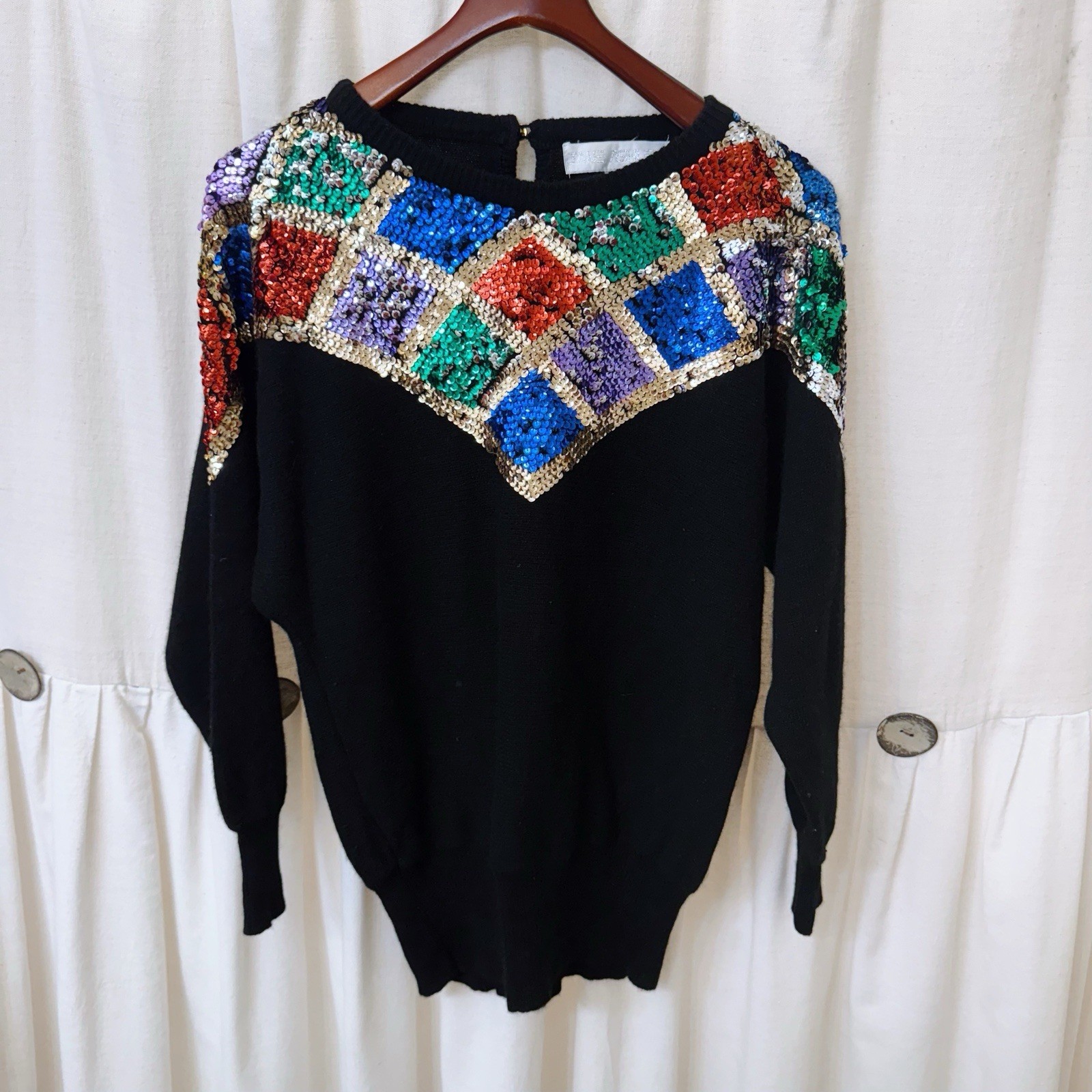 Vintage 1980’s Jane Ashley Women’s Size M Black Sequin Sweater Cinched Waist