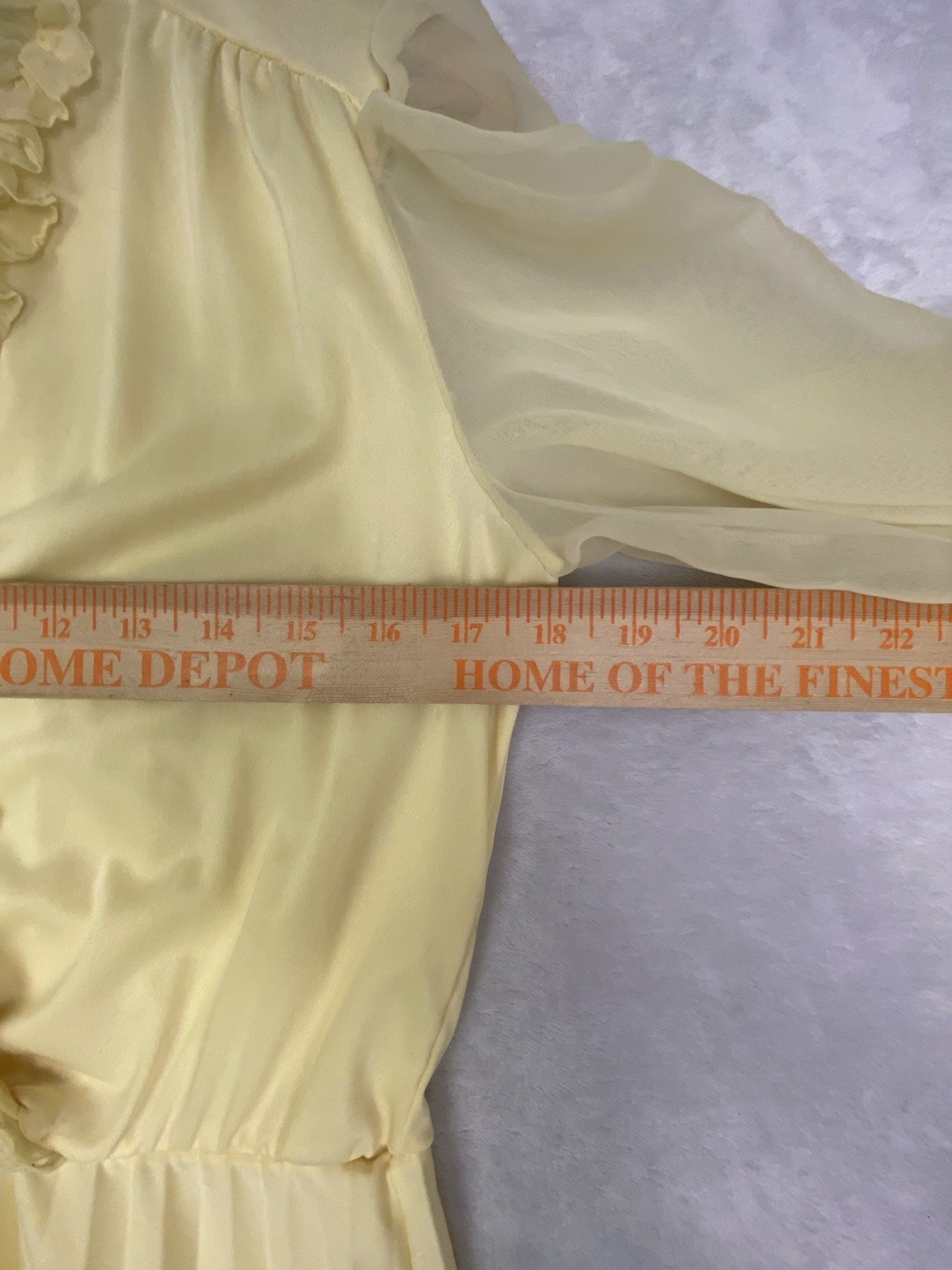 True Vintage 70s Yellow Chiffon Pleated Dress Ruffle Trim Sheer Sleeves USA Made