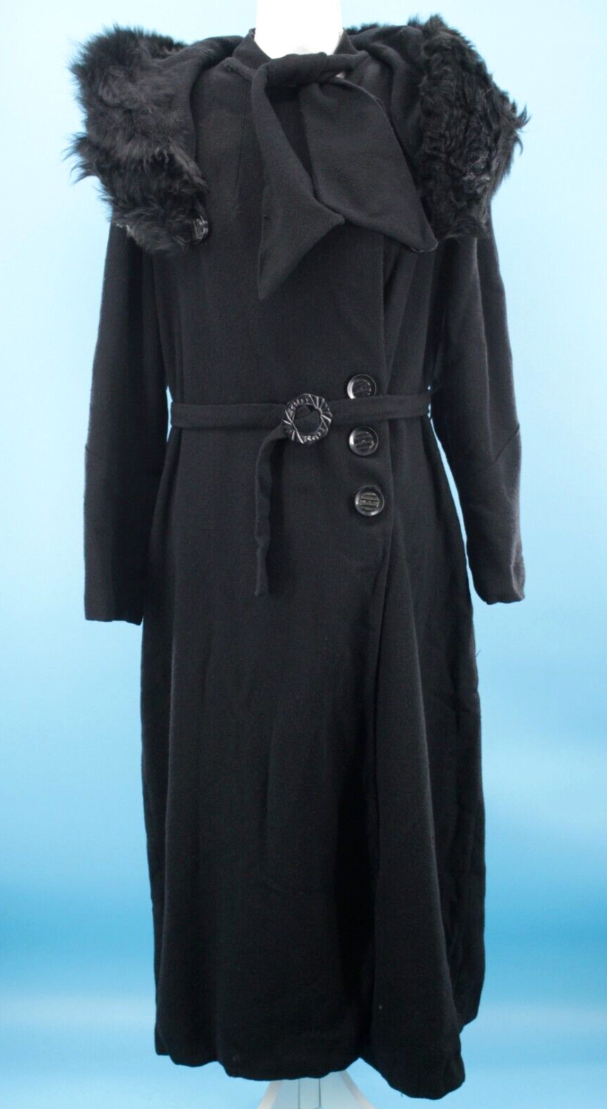 VTG Women’s 30s Black Wool Coat W/ Fur Collar & Belt & Scarf Detail Sz S/M 1930s