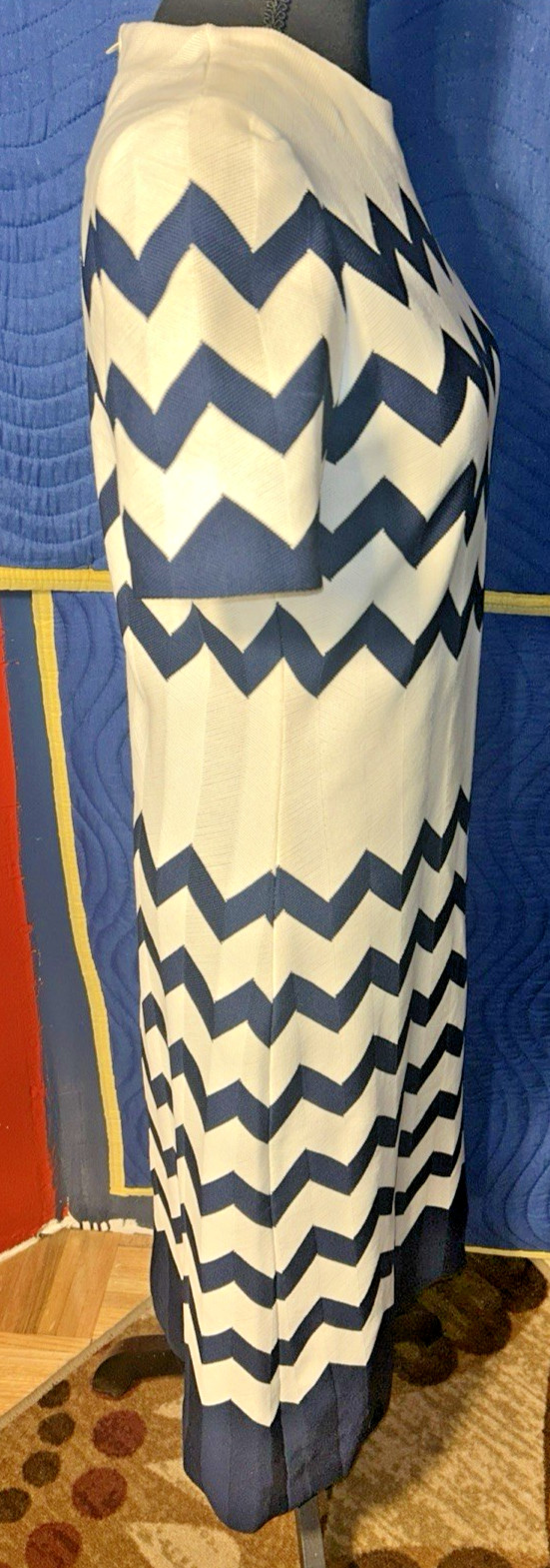 Dalton in Trevira Classic Vintage Dress White with Angled Blue Stripes Size S