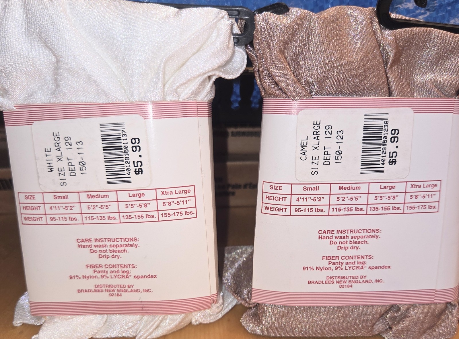 NEW VINTAGE b.i.GEAR Shimmer TIGHTS Nylon PANTYHOSE WHITE & CAMEL Sz.XL 155-175