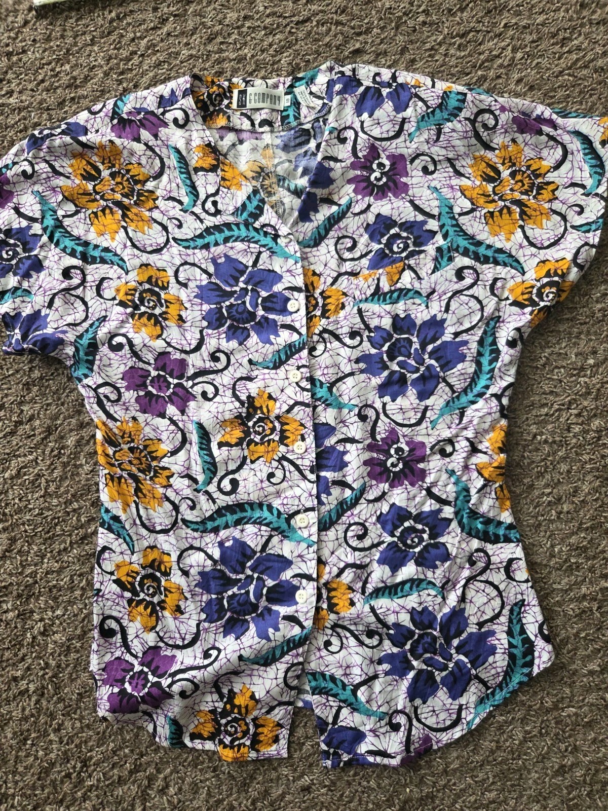 SK & Company Womens White Purple Floral 2 Piece Blouse Top Skirt Set Size 10