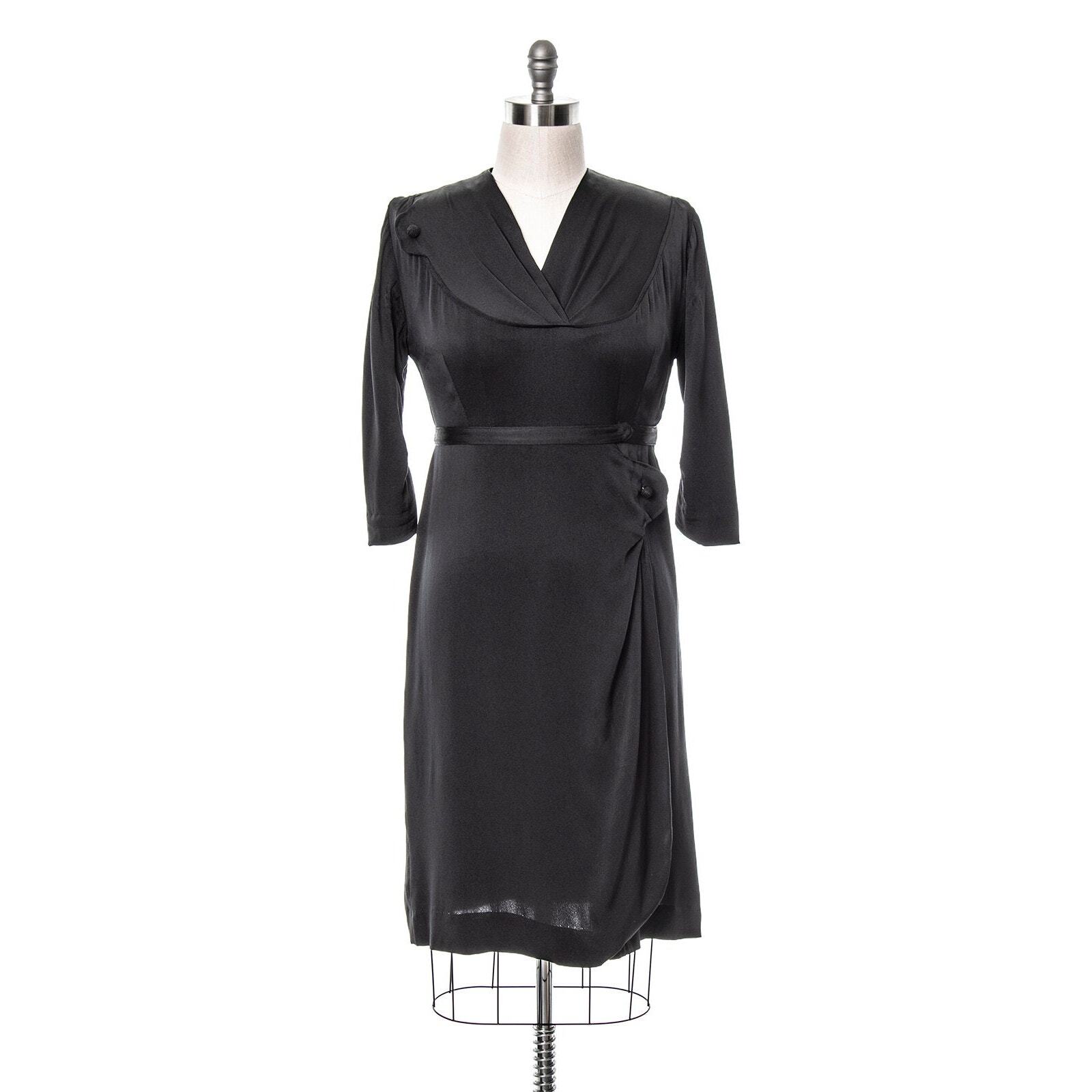 Vintage 1930s Dress 30s Black Silk Draped Hip Sarong Skirt Sheath Cocktail LBD