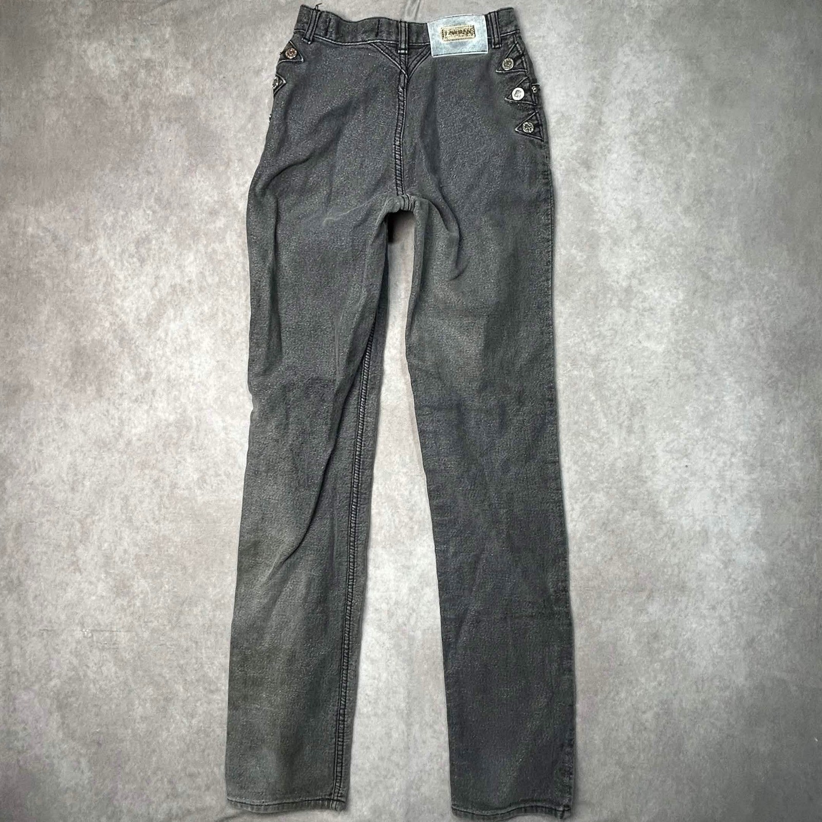 Vtg Lawman Western High Waisted Jeans Washed Black Straight Leg 24″ Hip Detail