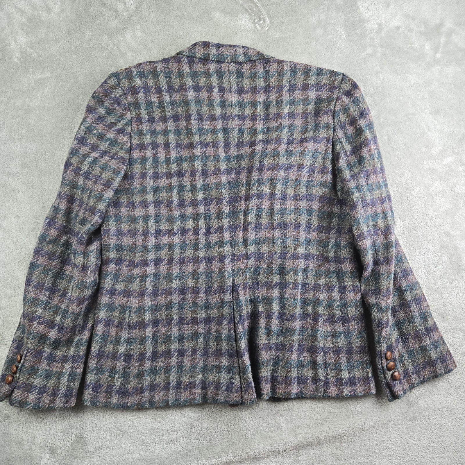 Vintage Laura Caspari Jacket Women Gray Purple Green Houndstooth 100% Welsh Wool