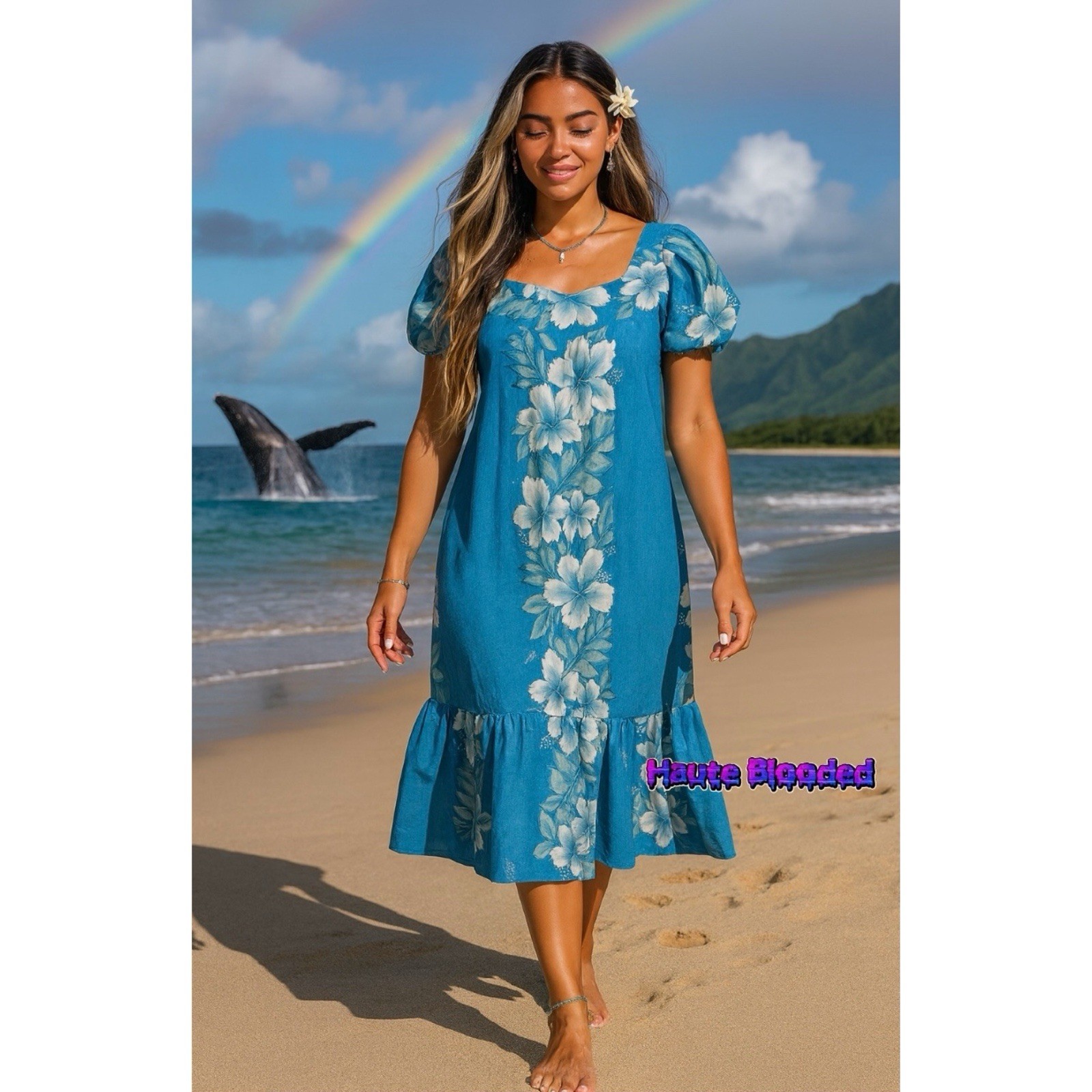 Vintage 80’s Kalena Fashions Of Hawaii Dress Flower Blue MuMu Hibiscus Vacation