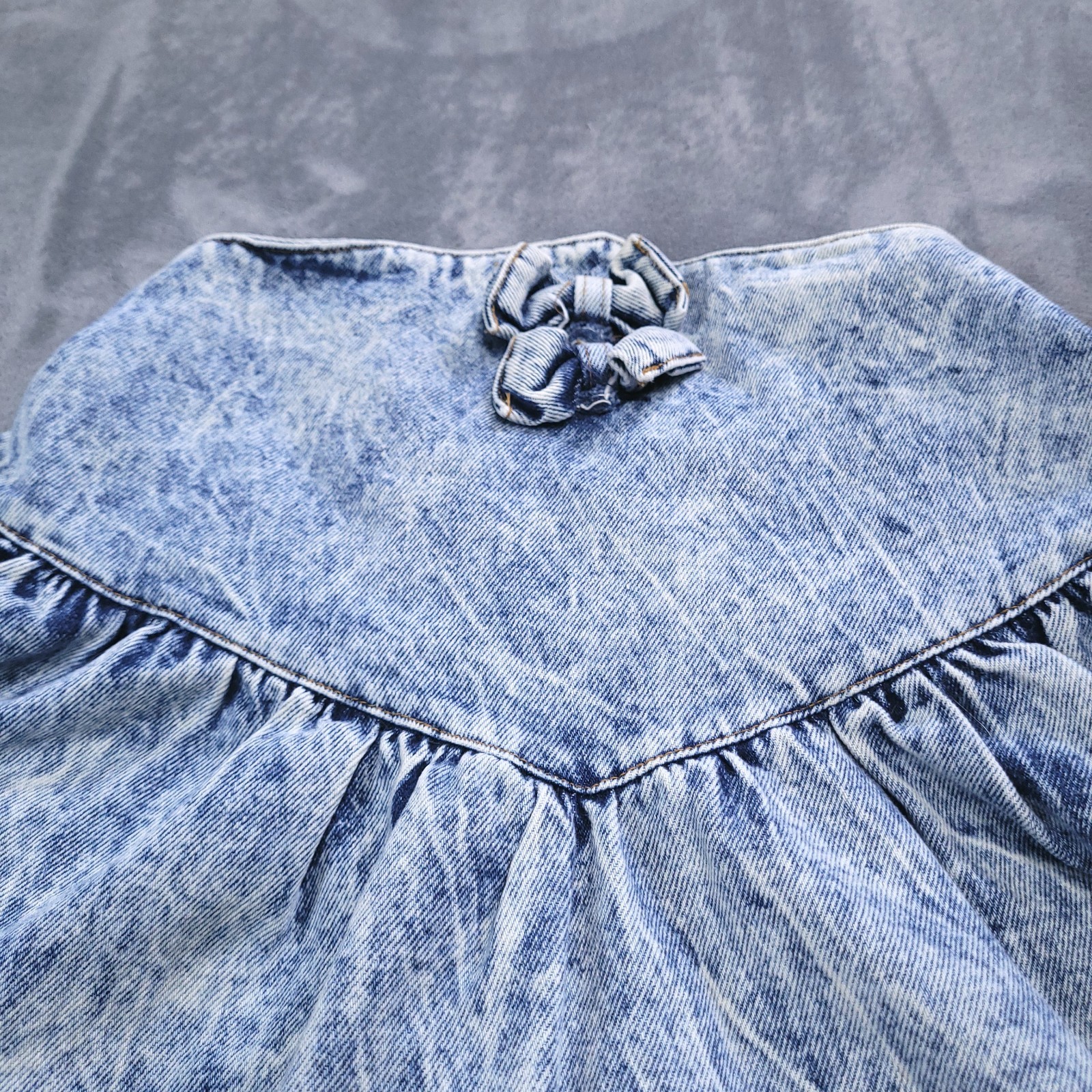 Vtg 80’s Jet Set Acid Washed Denim Flare Mini Skirt Size 14 Bow Elastic Waist
