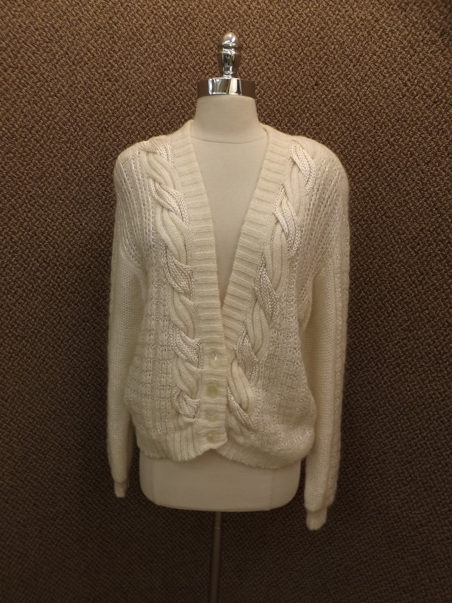 Vtg White Mohair Loose Thick Cable Knit V Neckline Cardigan Sweater Womens M