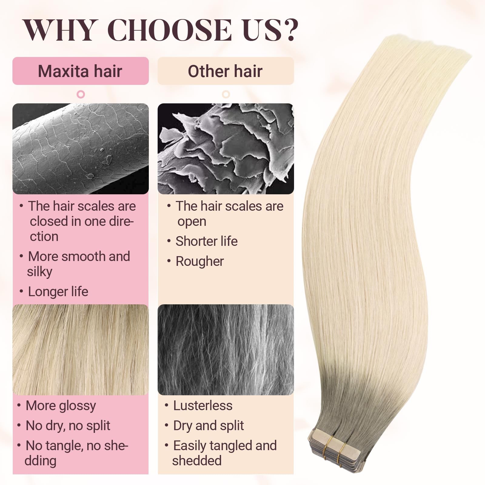 MAXITA Tape in Hair Extensions Human Hair Light Ash Brown to Ash Blonde 16 Inch
