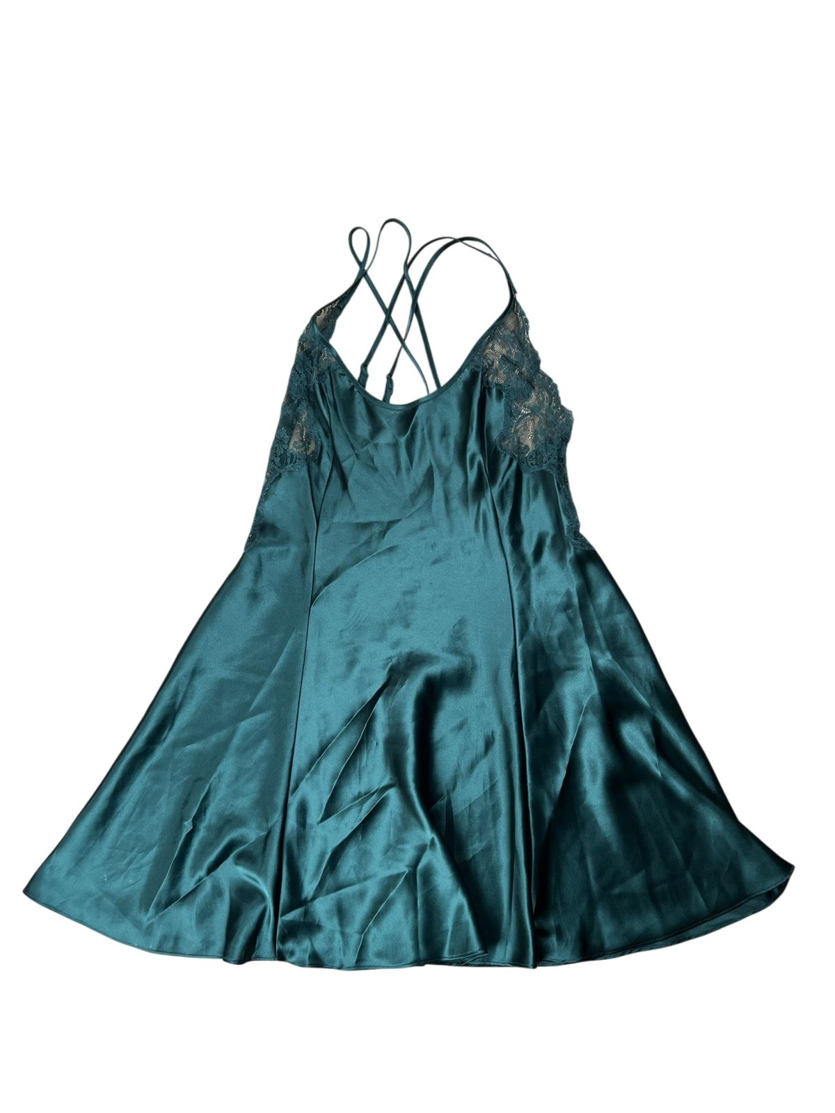 Victoria’s Secret Chemise Womens M Green Satin Lace Trim Nightgown Lingerie