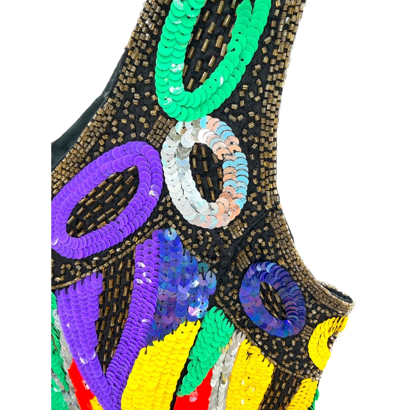 Channa Vtg Pure Silk Rainbow Sequin Dress Hand Beaded Abstract Geometric M FLAW