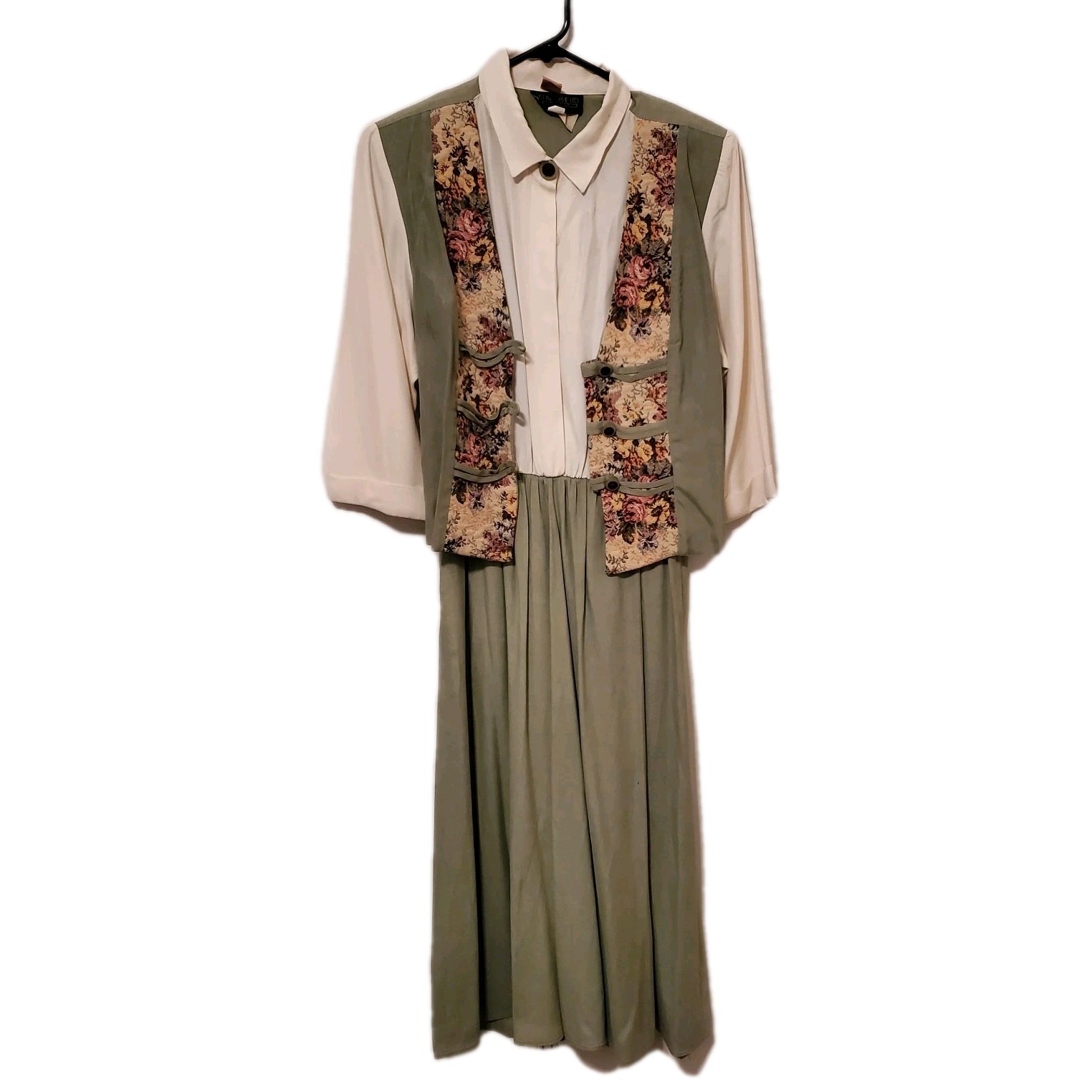 VINTAGE 80s JUST IN THYME 14 Cottagecore Mint Green White Maxi Dress Quited Vest