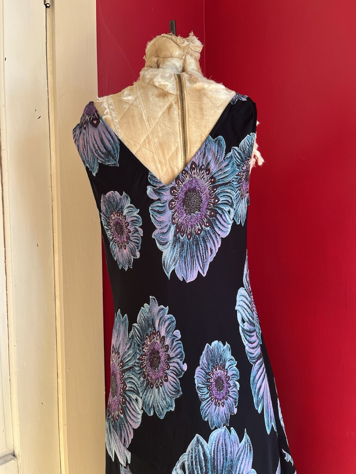 Vintage 1990s Black Chiffon Blue Purple Floral Print Grunge Cowl Neck Dress L