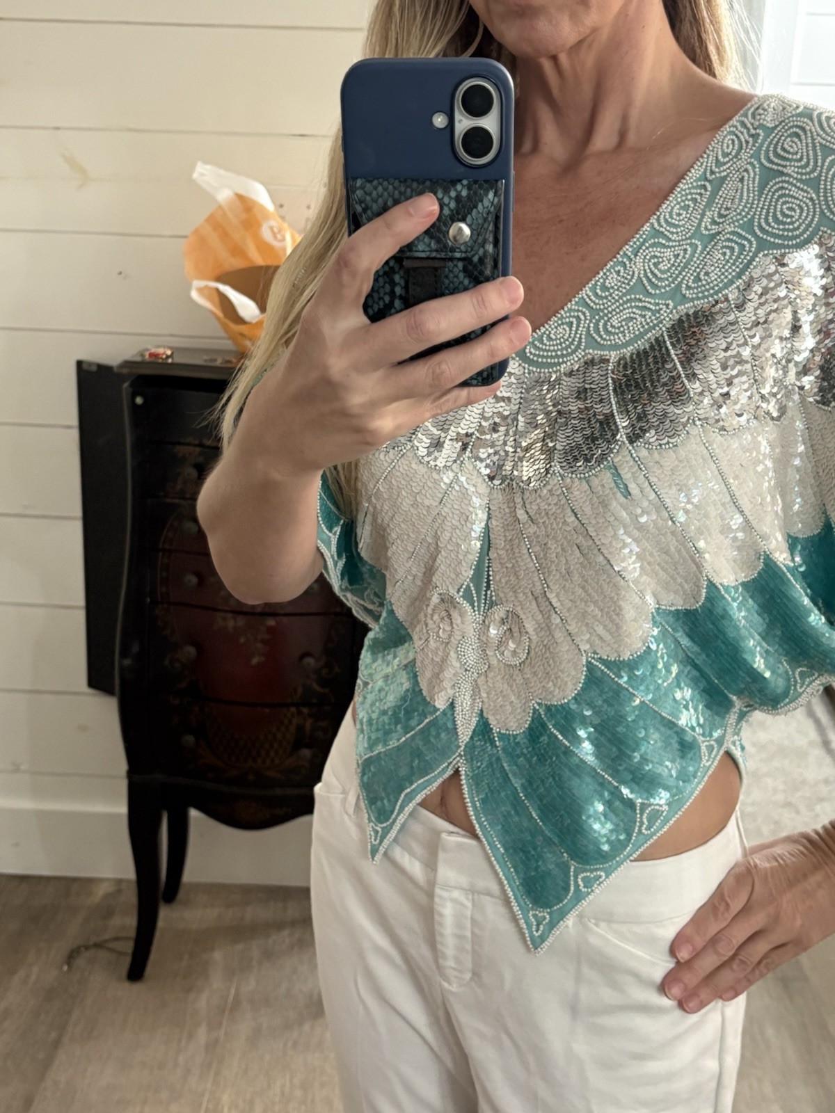 Vintage Suzette International Paris Santa Fe Sequence Butterfly Top teal silver