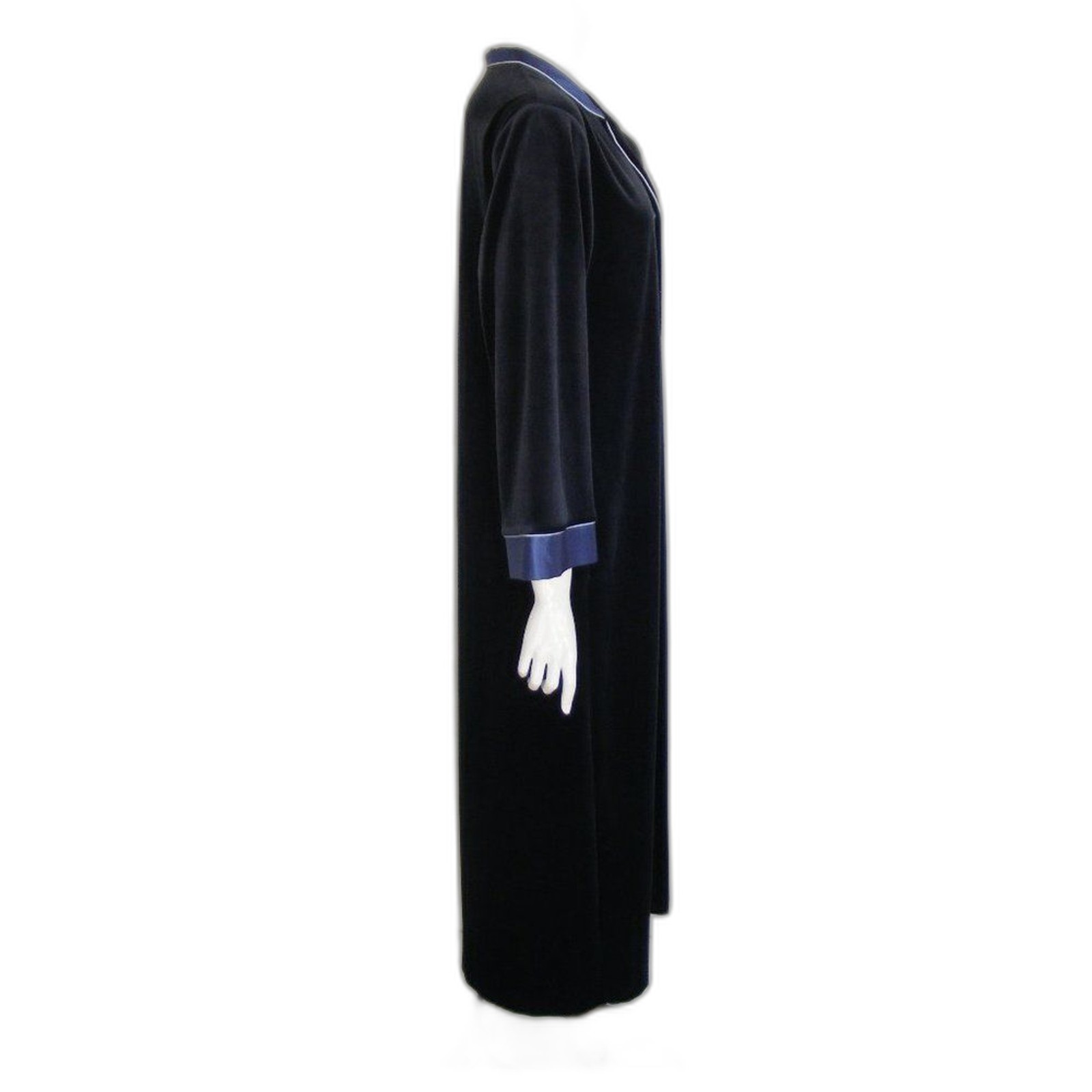 HALSTON Robe, M, Dark Blue, Velour/Satin, Vintage, Long sleeve, button front,