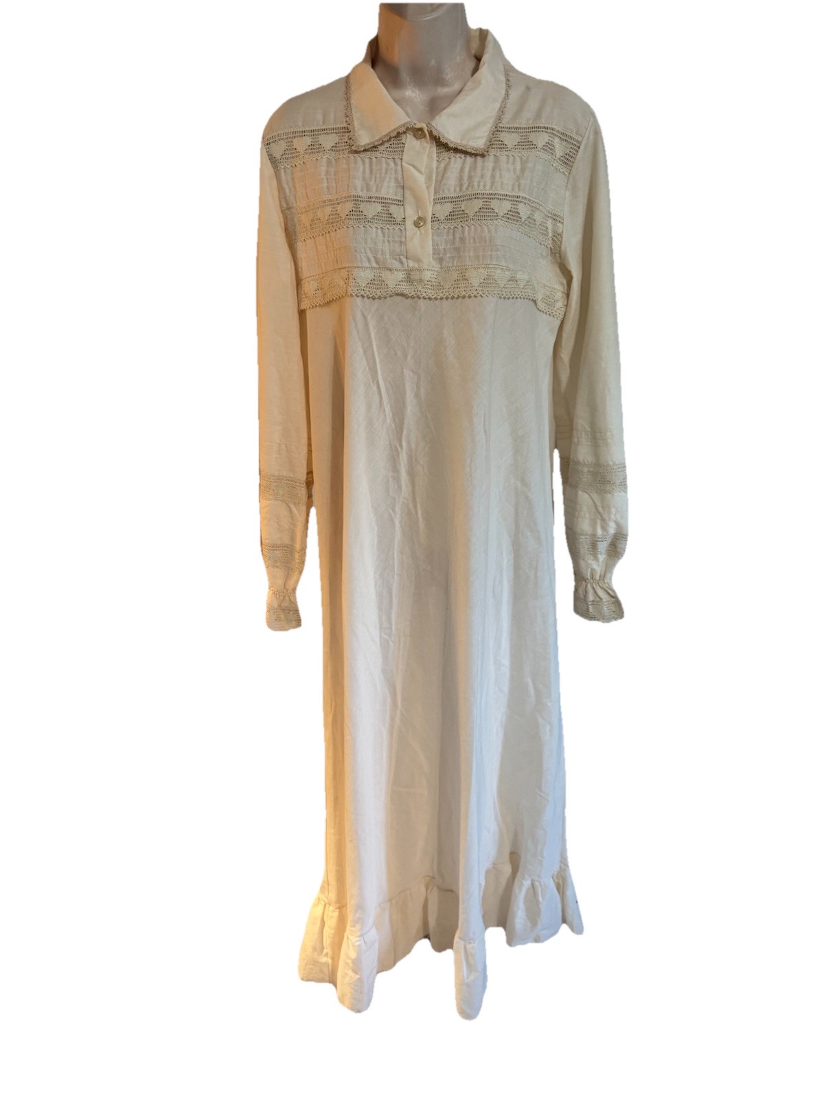 Vintage Victorian Lawn Nightgown Almond Beige Cotton Collar Lace long sleeve M/L
