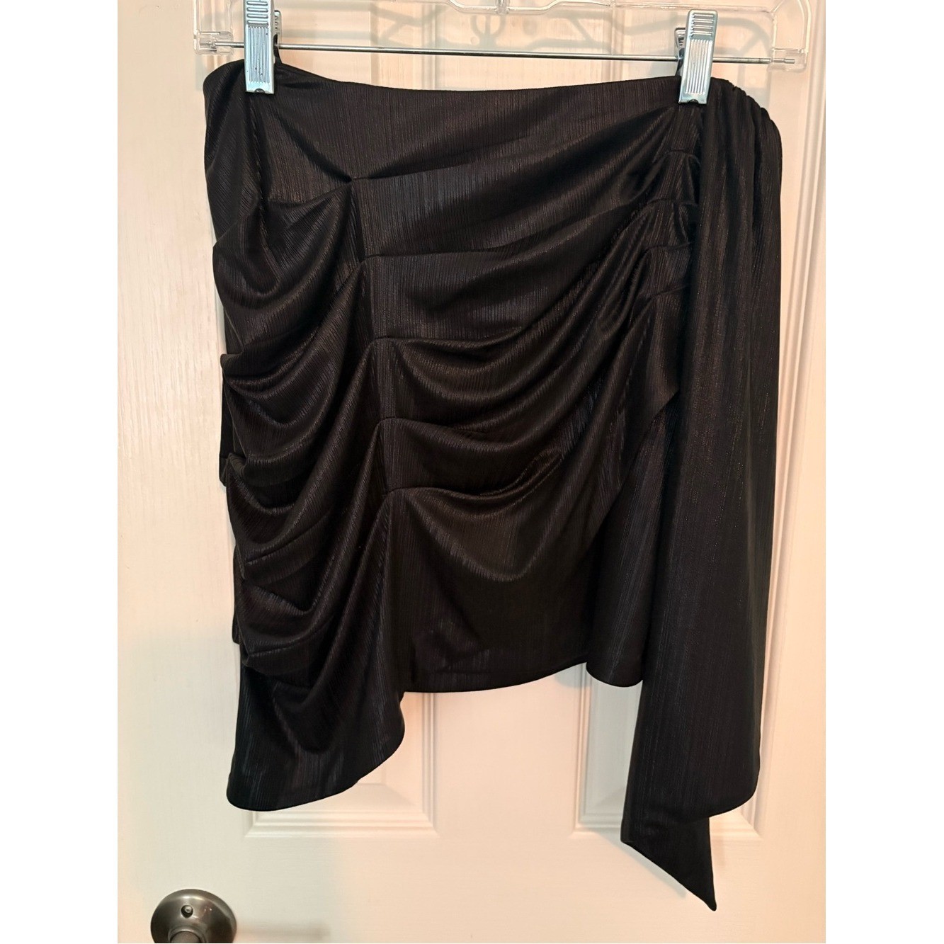 Retrofête Luna Draped Lamé Metallic Black Mini Skirt, size med