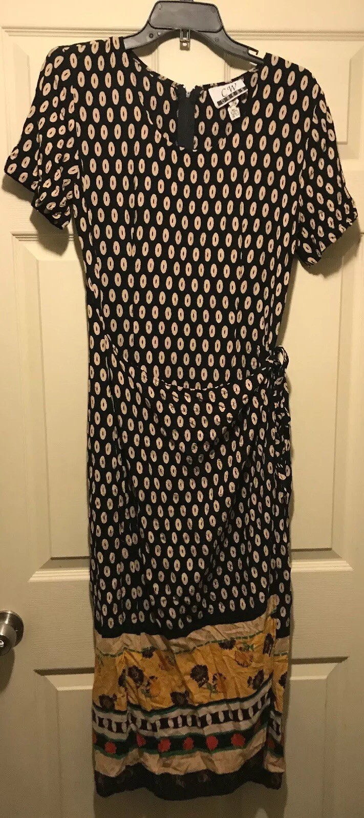 Vintage CW Dress Black Tan Floral Wrap Boho Hippie Size 8