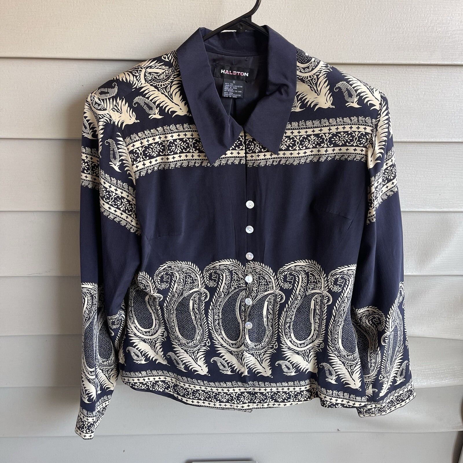 Vintage Halston Silk Blouse Women’s Sz 12 Button Front Peasant Timeless Chic