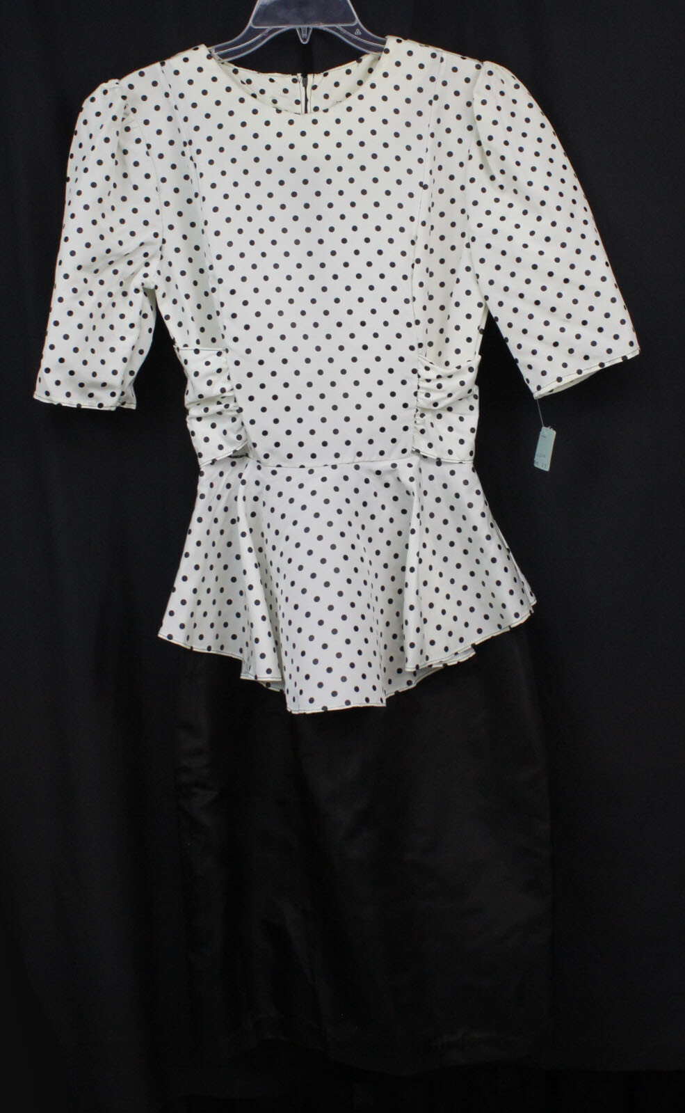 Vtg Diamond’s Run Dress 80s Retro Polka Dots Peplum Pouf Slv Black Wht NOS 11/12